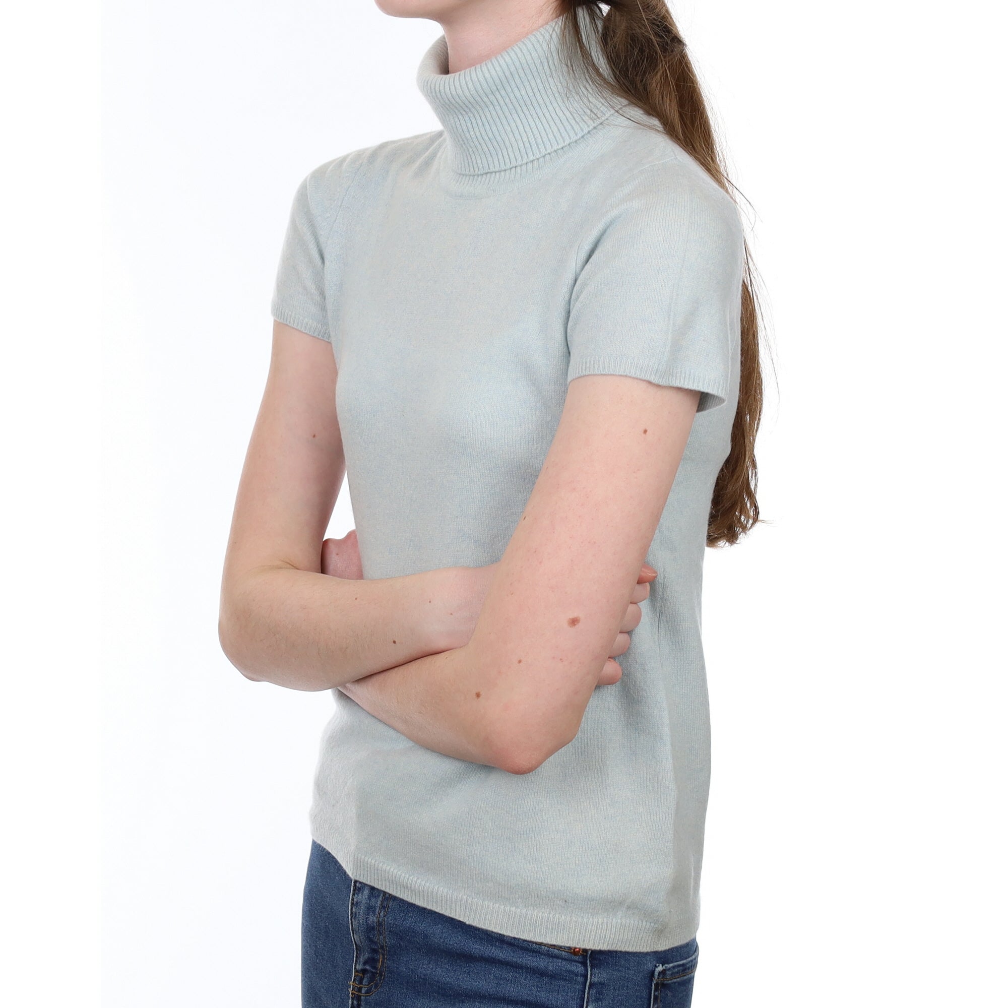 Sky Blue Cashmere Short Sleeved Polo Neck Jumper Extra Small