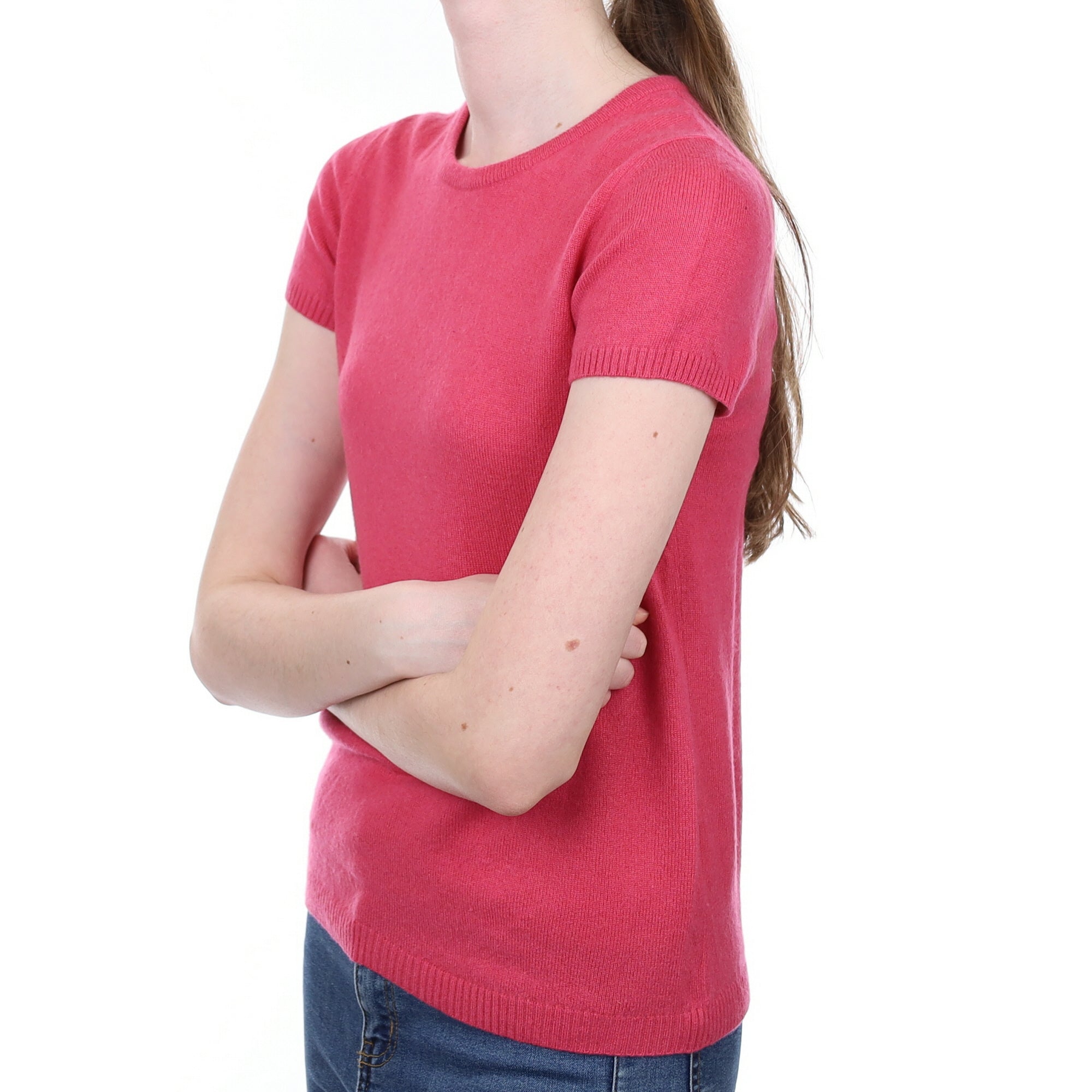 Loganberry Pink Cashmere Crew Neck Short Sleeved Jumper Extra Small