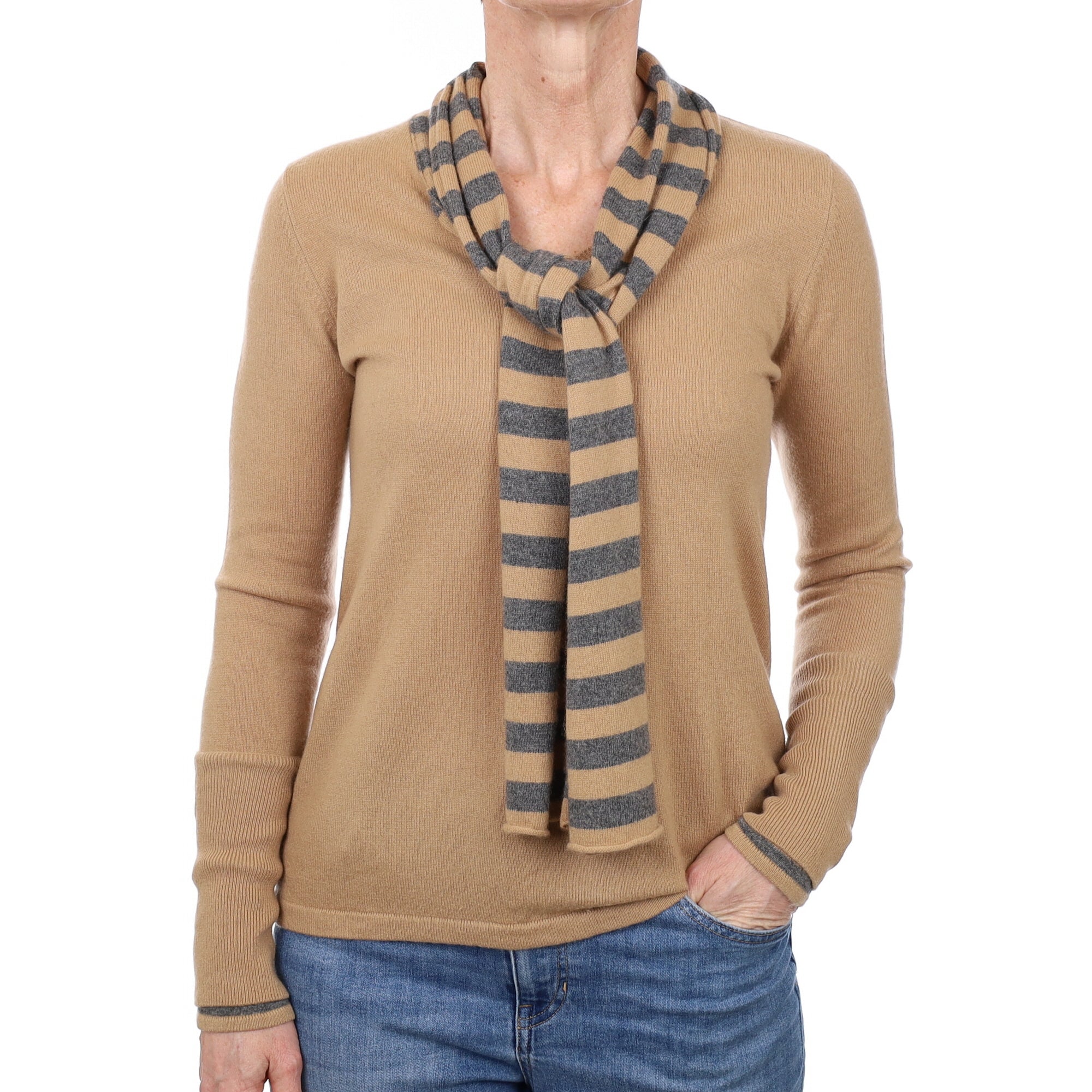 Camel Cashmere V Neck Jumper with Scarf Small