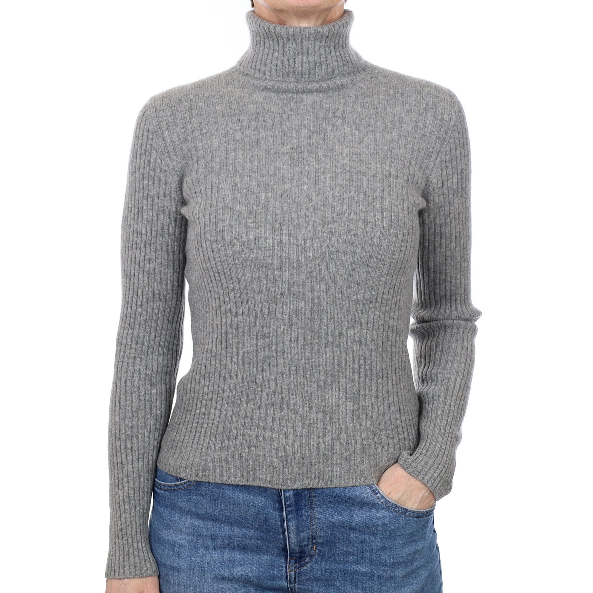 Smoke Grey Rib Cashmere Polo Neck Jumper Small