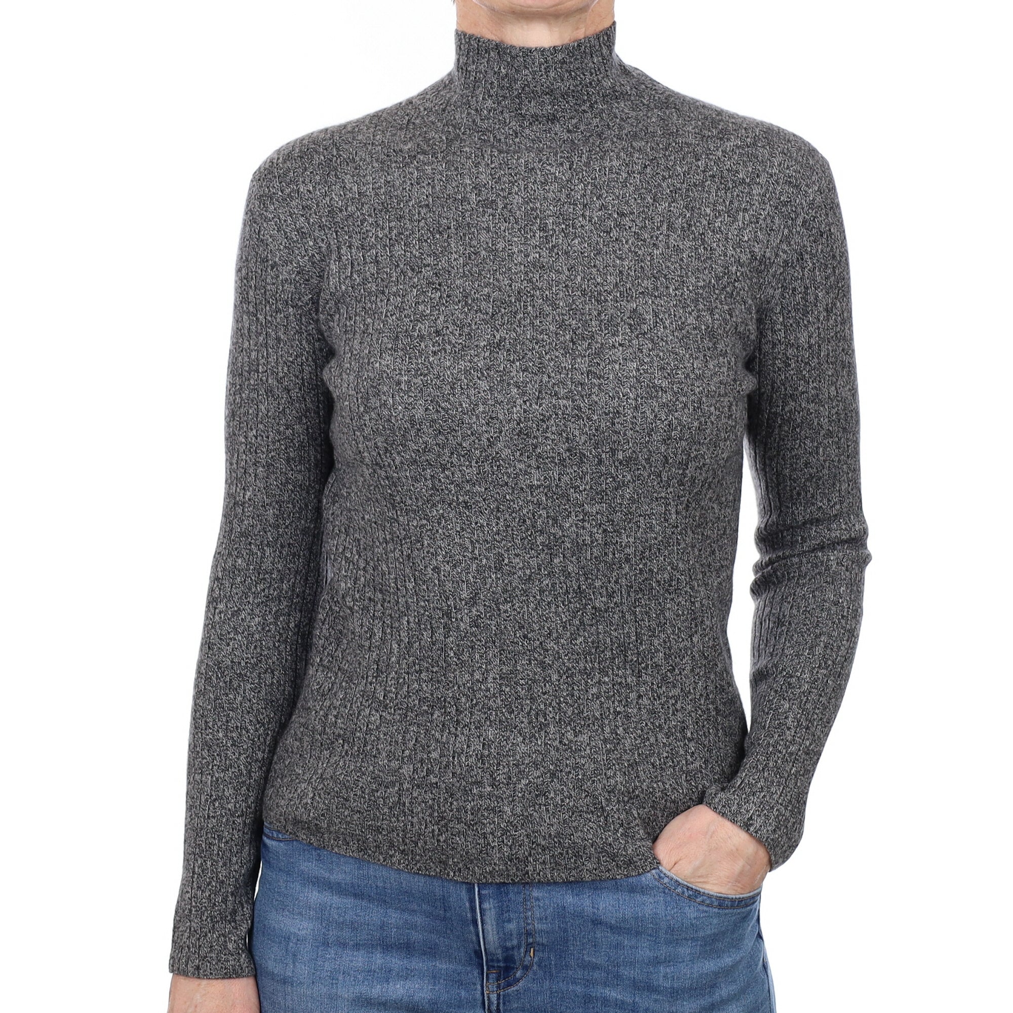 Grey Marl Rib Cashmere Turtleneck Jumper Small