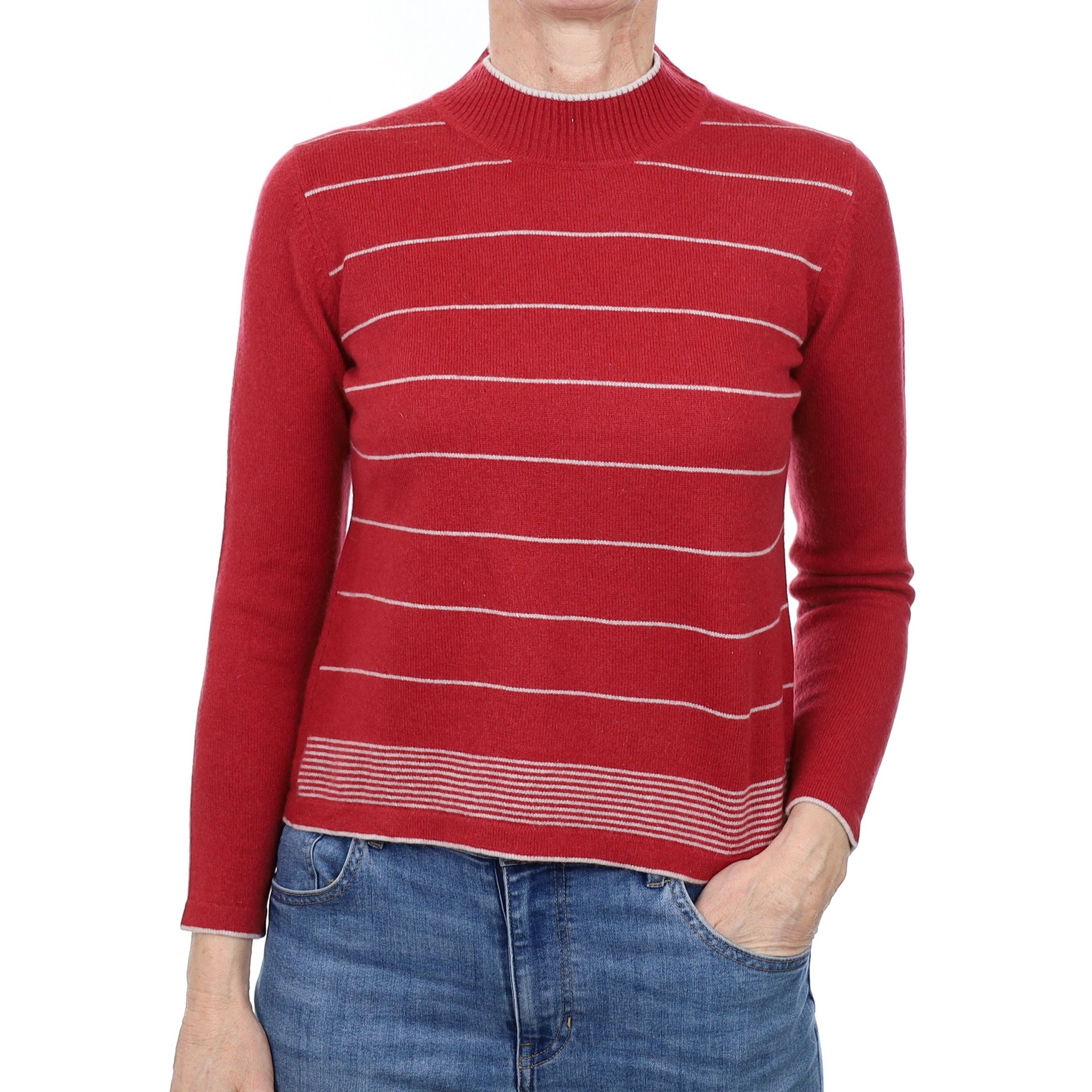Brick Red Stripe Cashmere Turtleneck Jumper Small