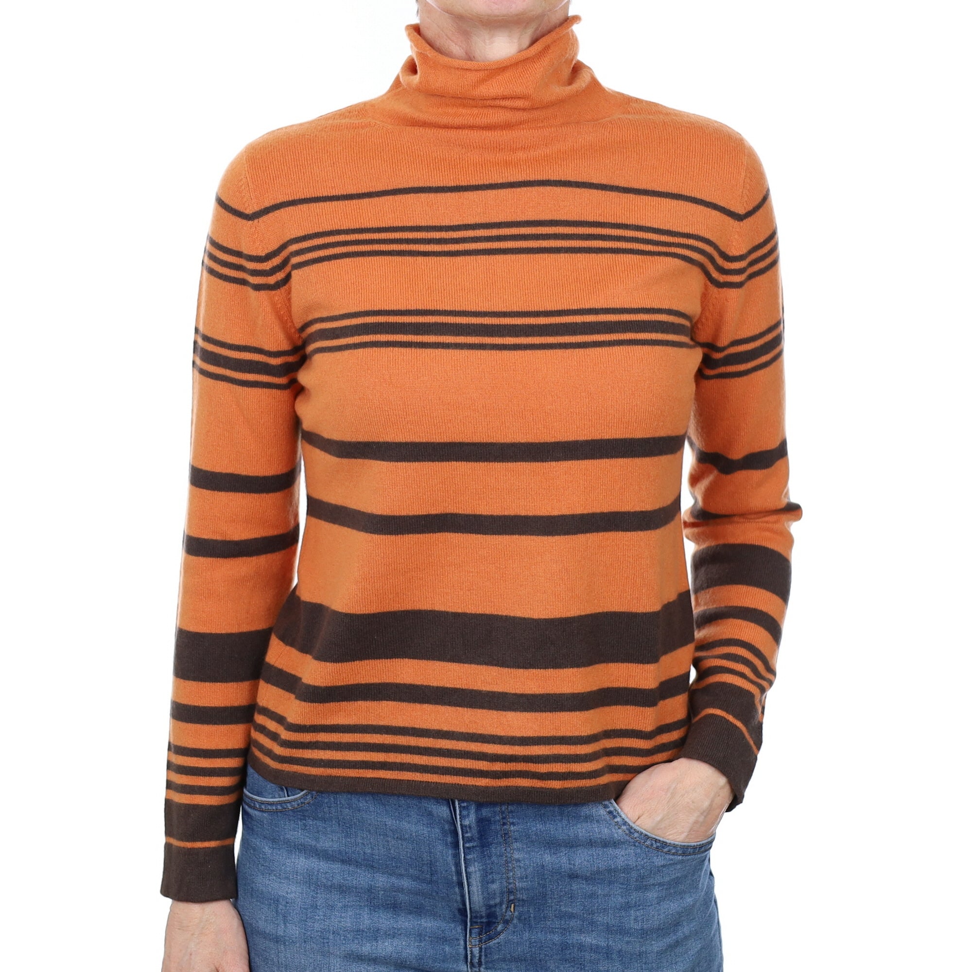 Orange and Brown Stripe Cashmere Turtleneck Jumper Small