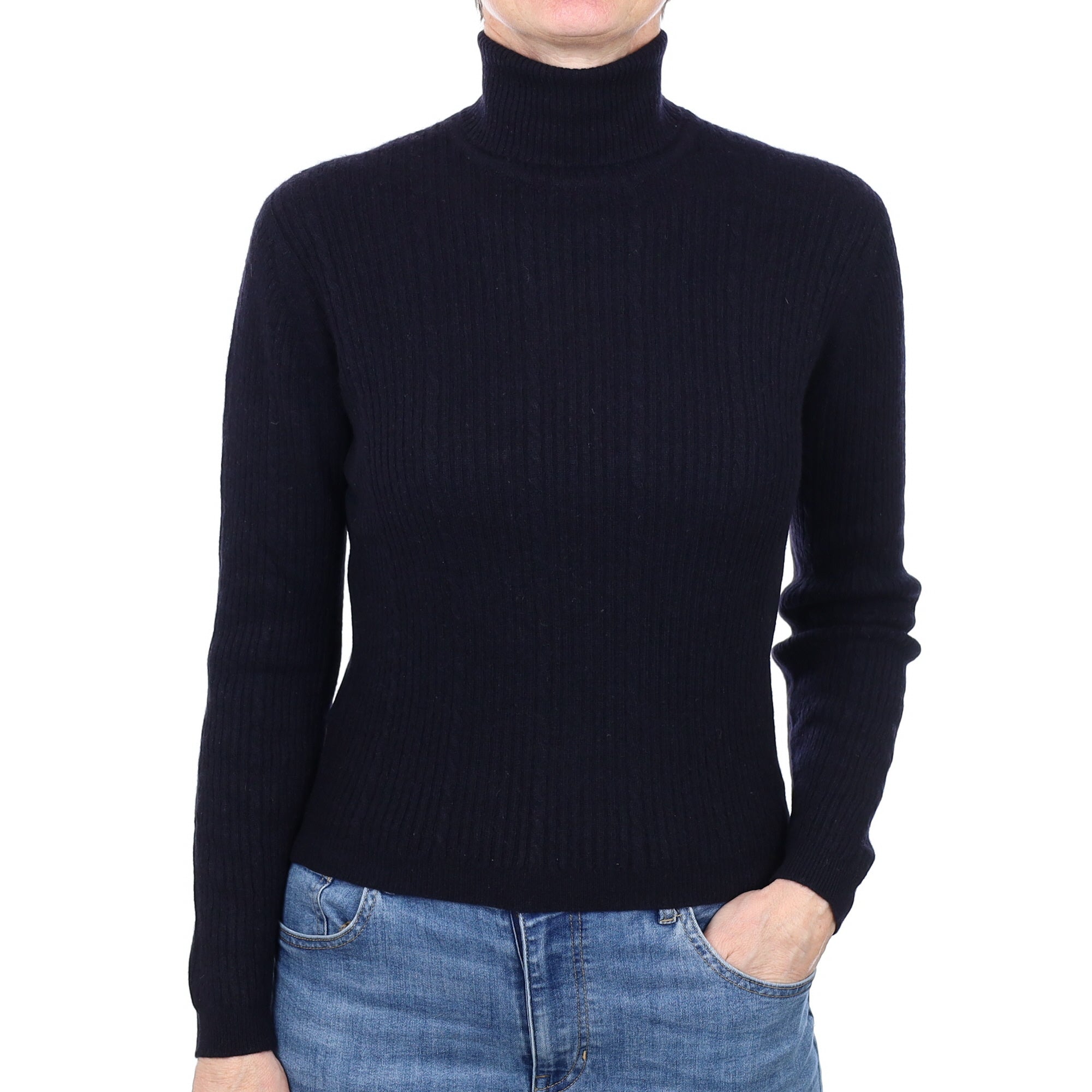 Dark Navy Rib Cashmere Polo Neck Jumper Small