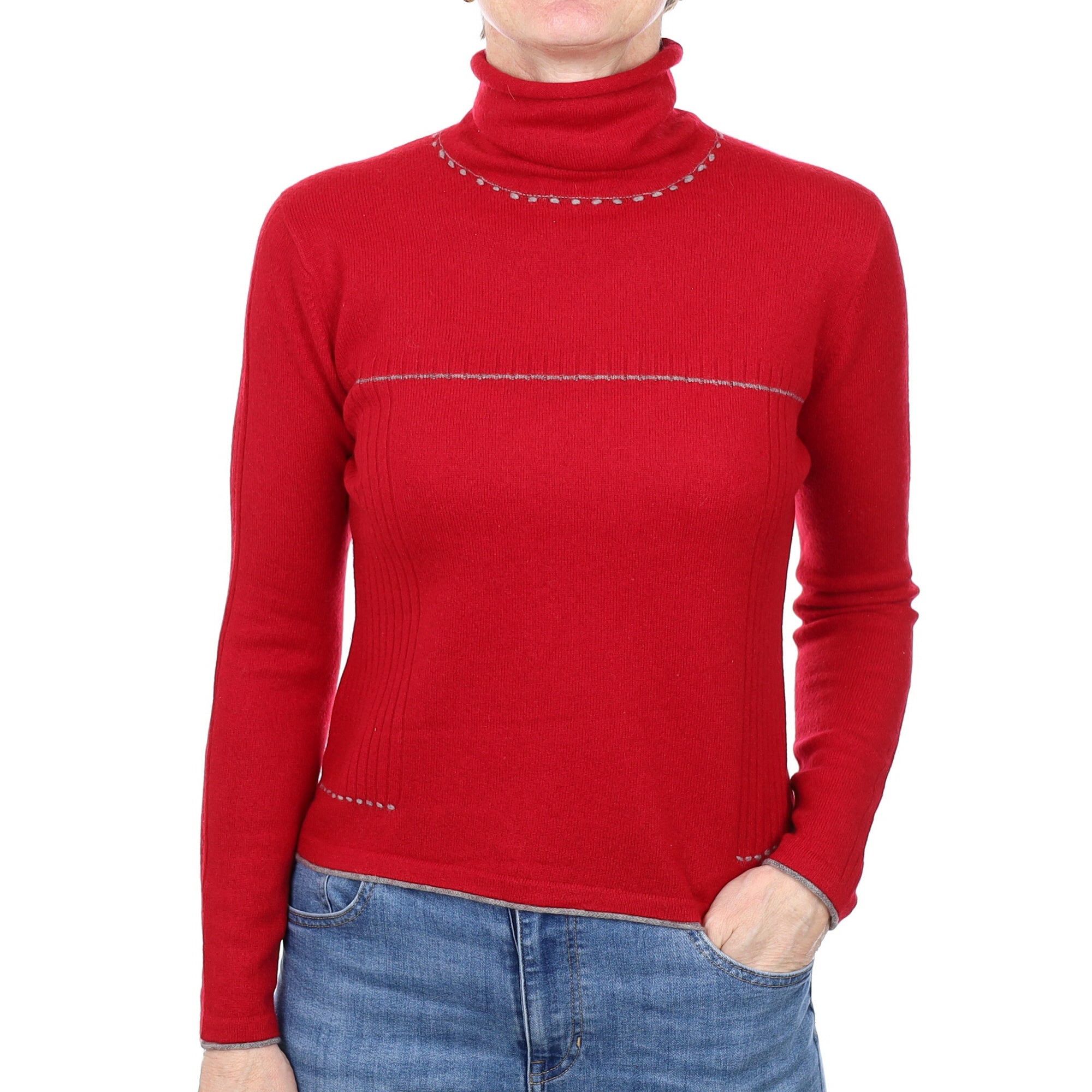 Red Grey Trimmed Cashmere Funnel Neck Jumper Small