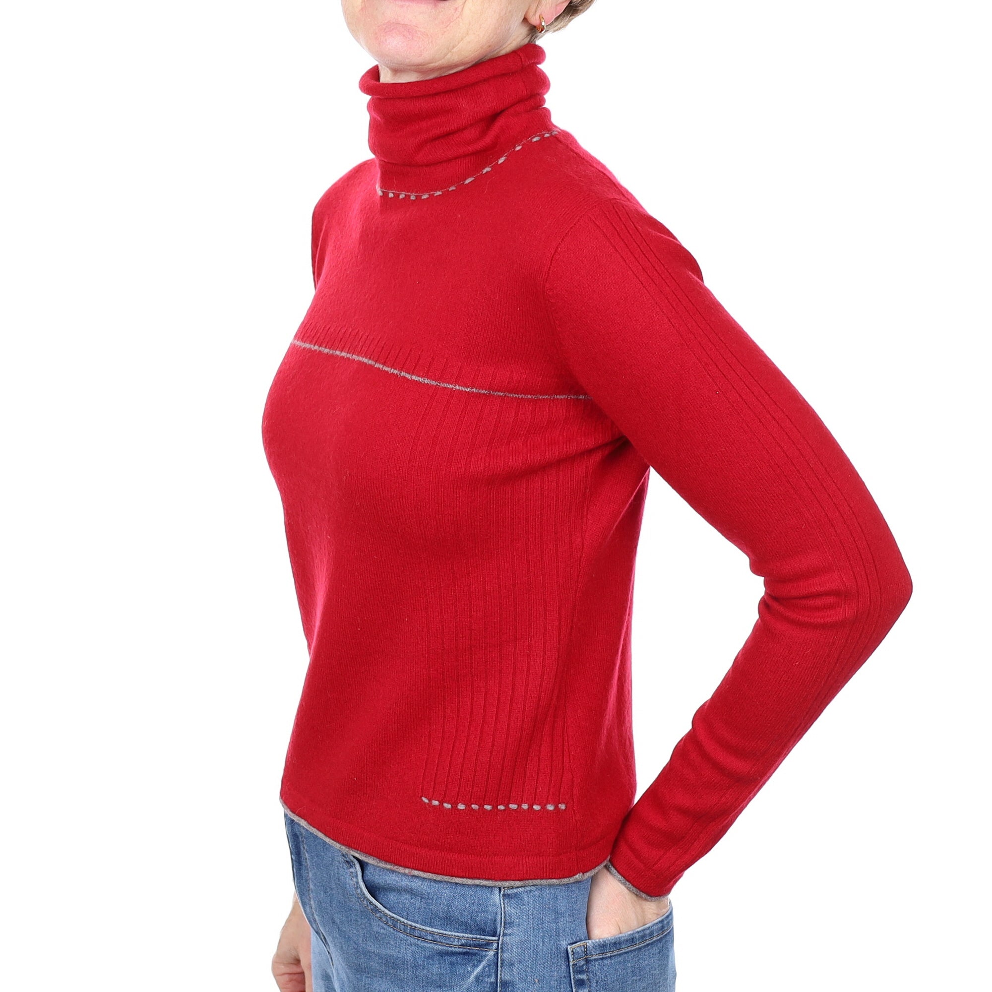 Red Grey Trimmed Cashmere Funnel Neck Jumper Small