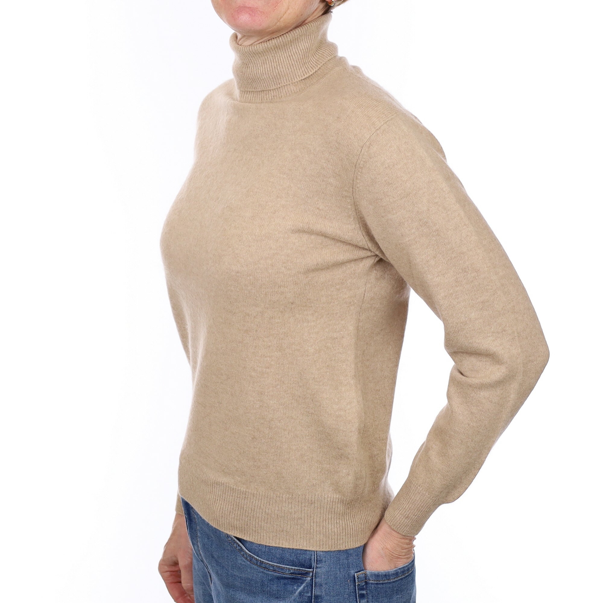 Biscuit Brown Cashmere Polo Neck Jumper Small