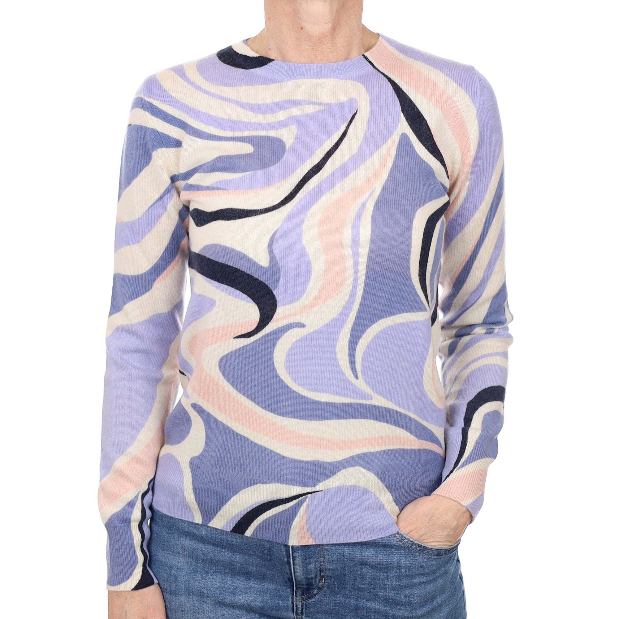 Blue Art Deco Cashmere Crew Neck Jumper Small