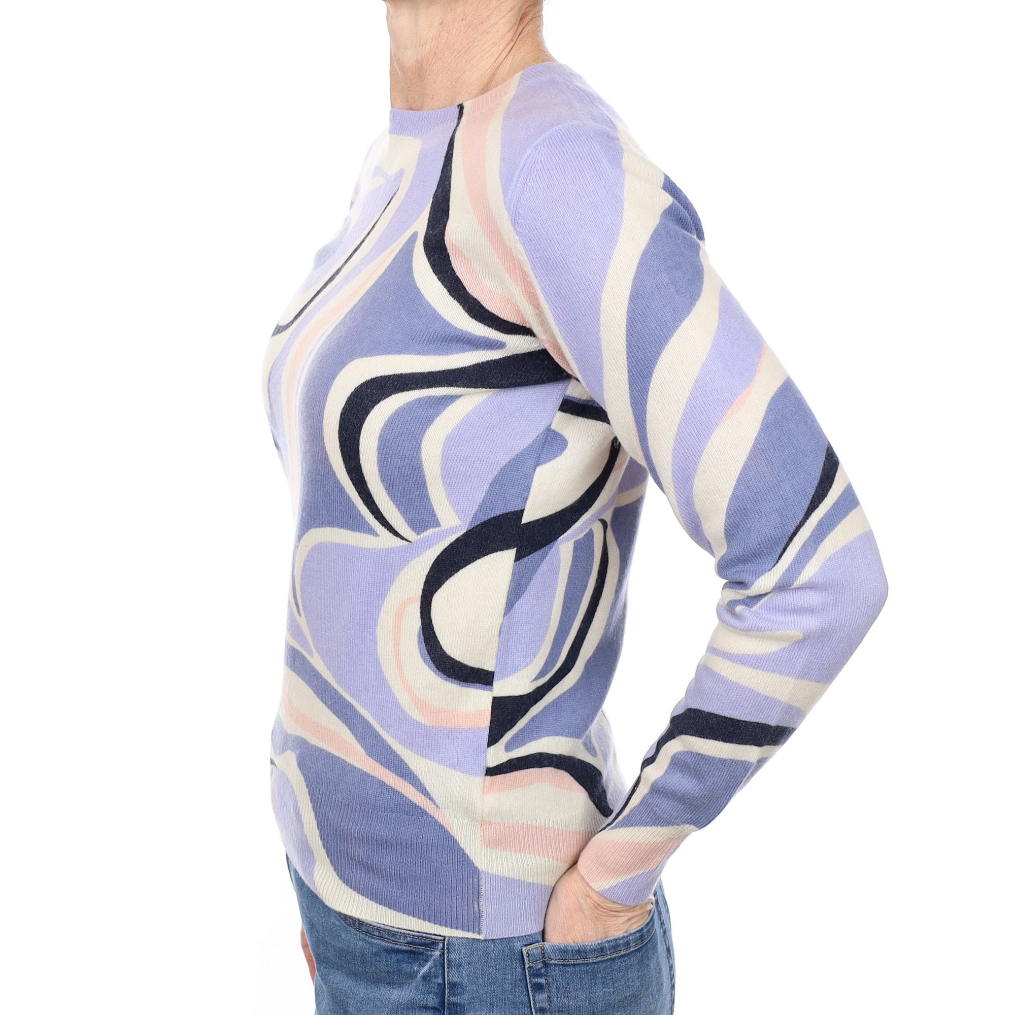 Blue Art Deco Cashmere Crew Neck Jumper Small