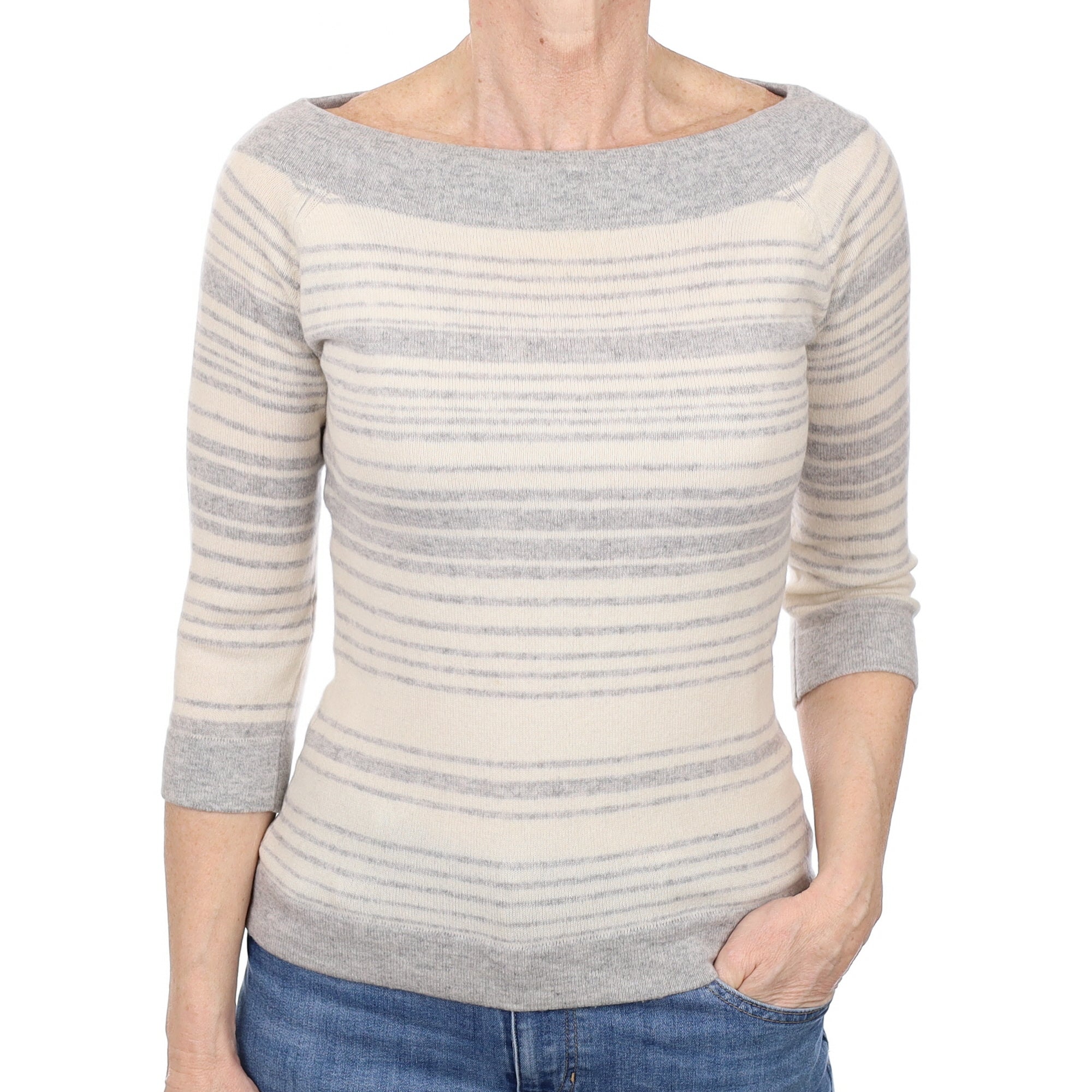 Grey and Ivory Stripe Cashmere Slash Neck Jumper Small