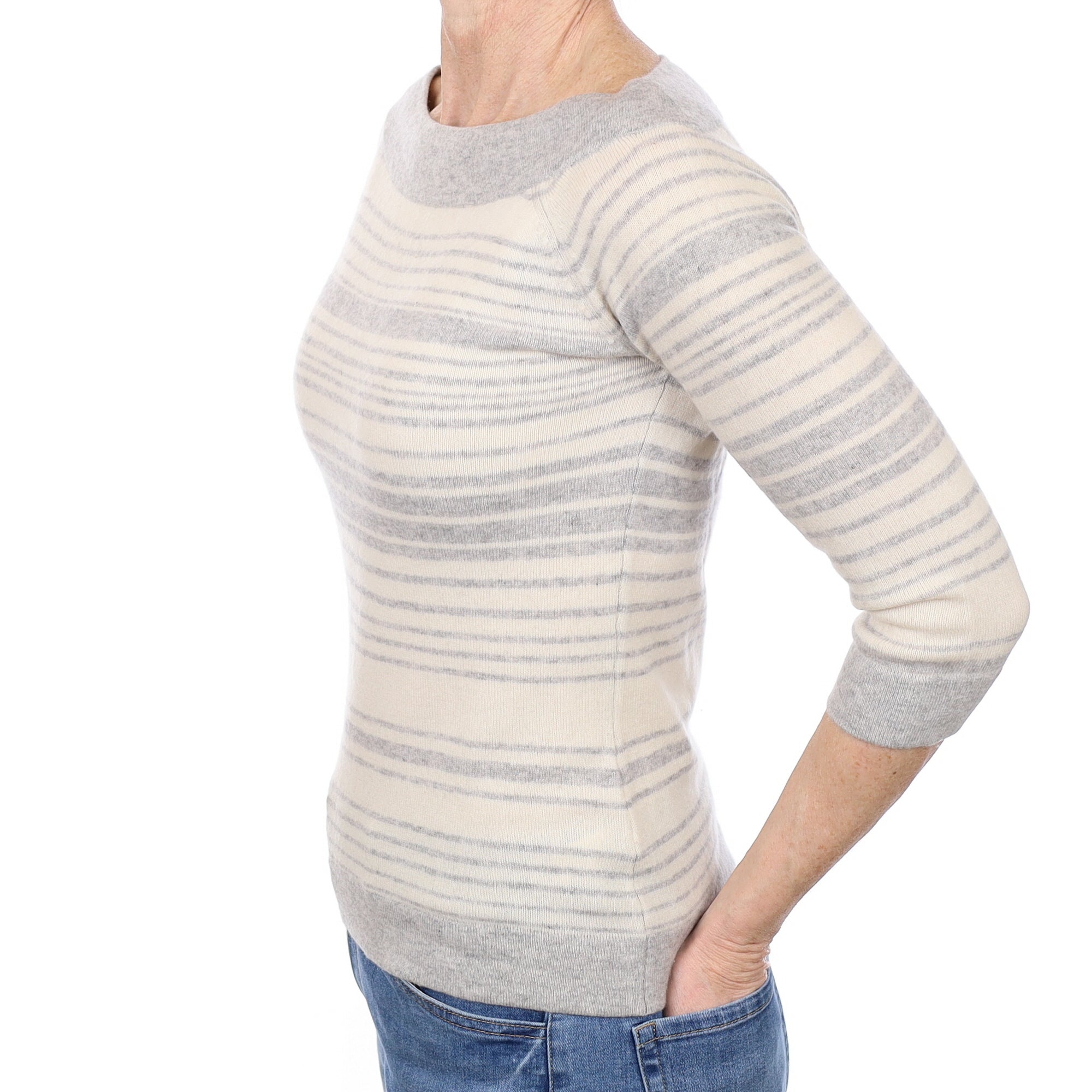 Grey and Ivory Stripe Cashmere Slash Neck Jumper Small