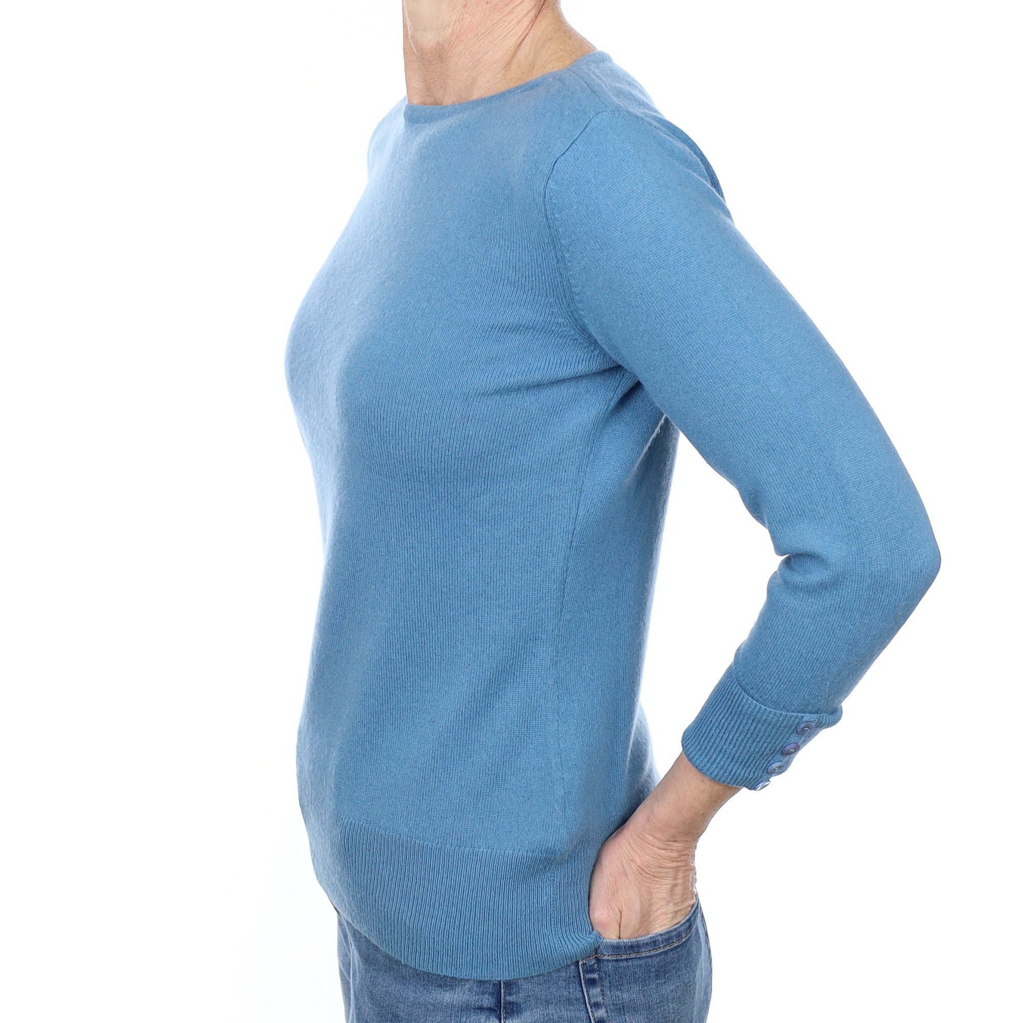Dusky Blue Cashmere 3/4 Sleeve Boat Neck Jumper Small