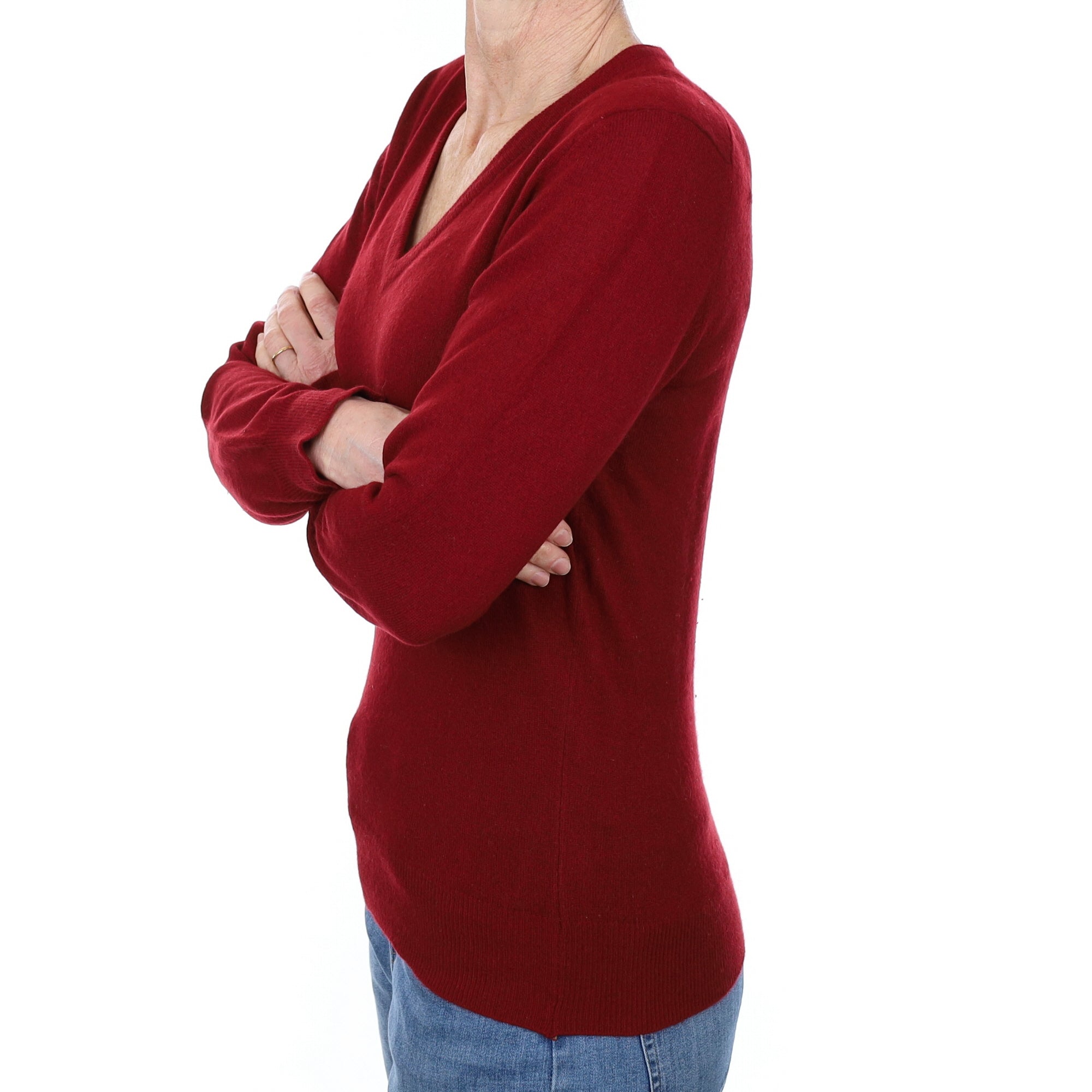 Scottish Burgundy Red Cashmere V Neck Jumper Small