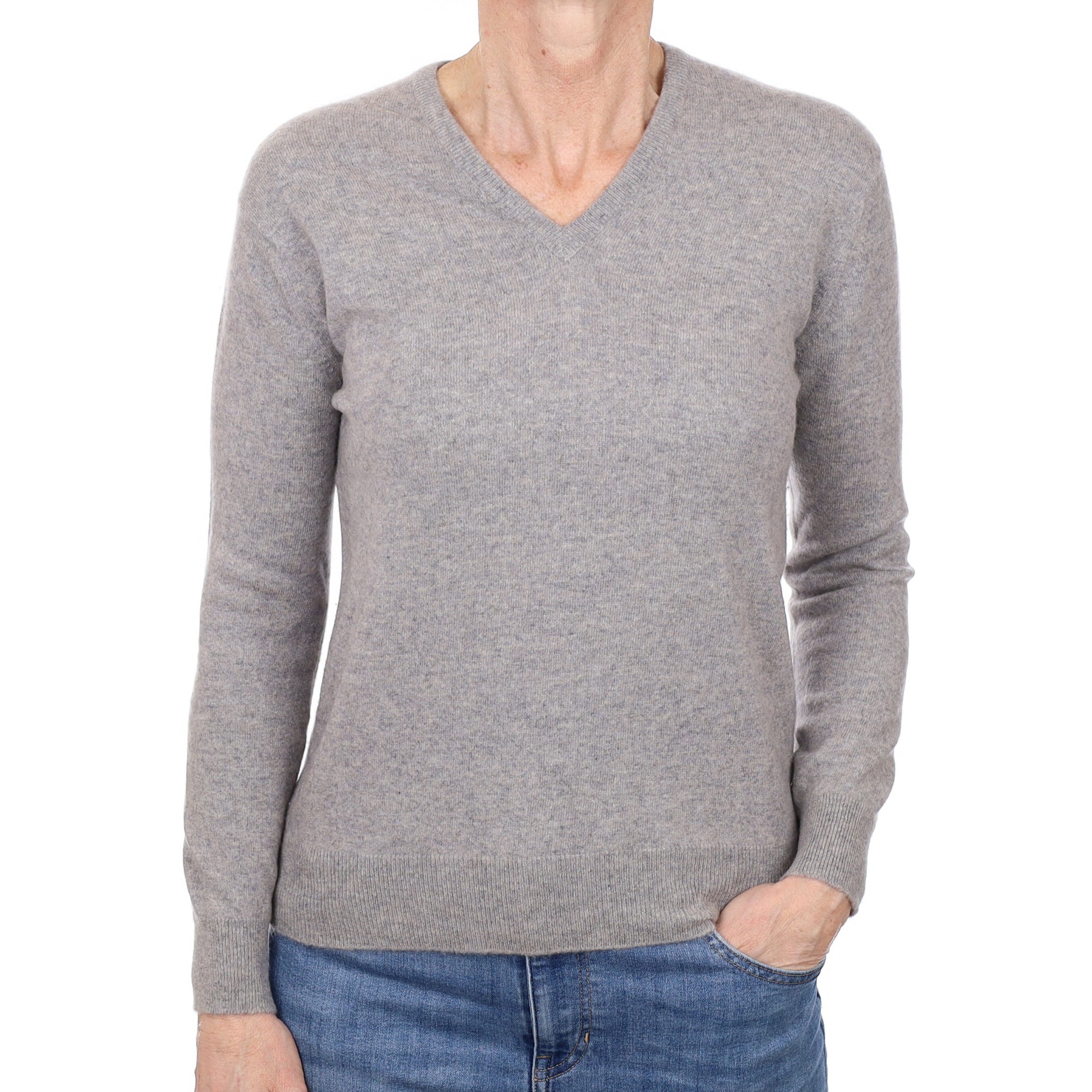 Ash Grey Cashmere V Neck Jumper Small
