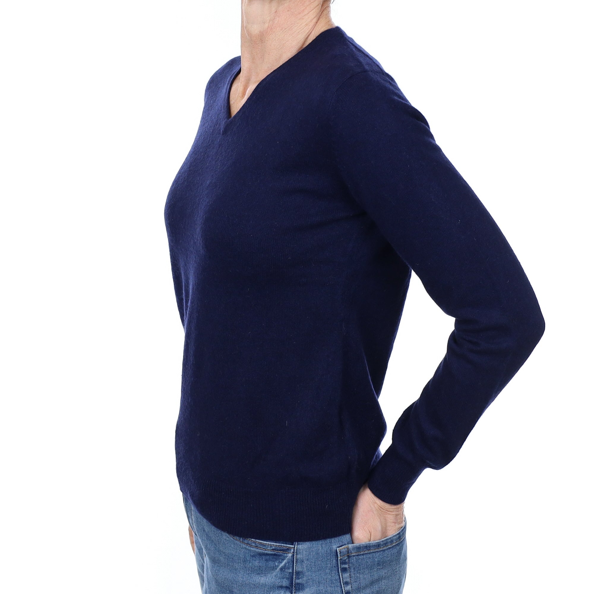 Navy Blue Cashmere V Neck Jumper Small