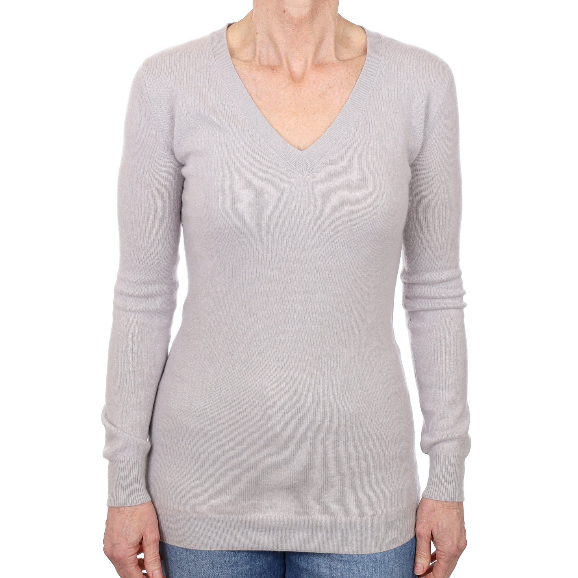 Dove Grey Cashmere Longline V Neck Jumper Small