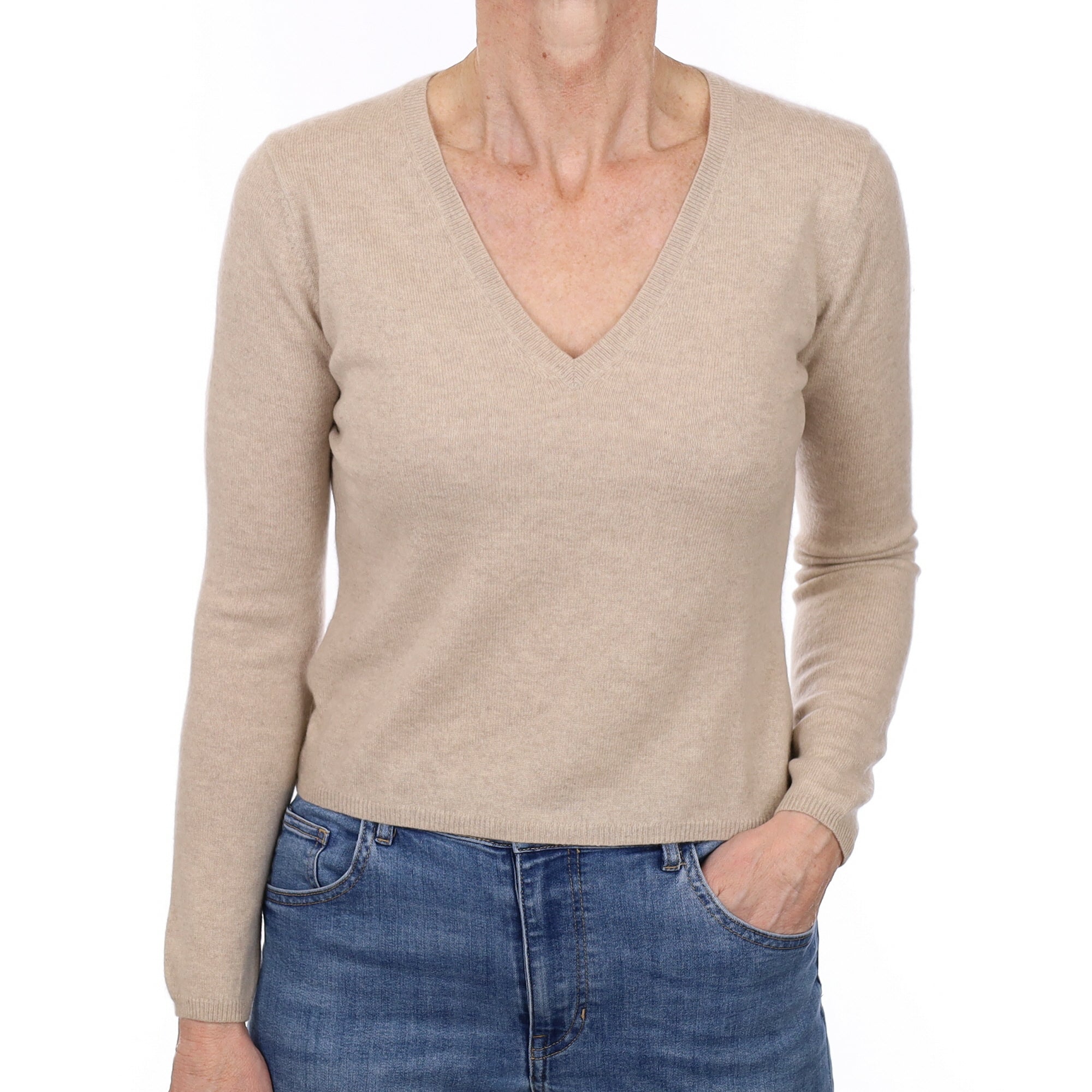 Oatmeal Cashmere V Neck Jumper Small