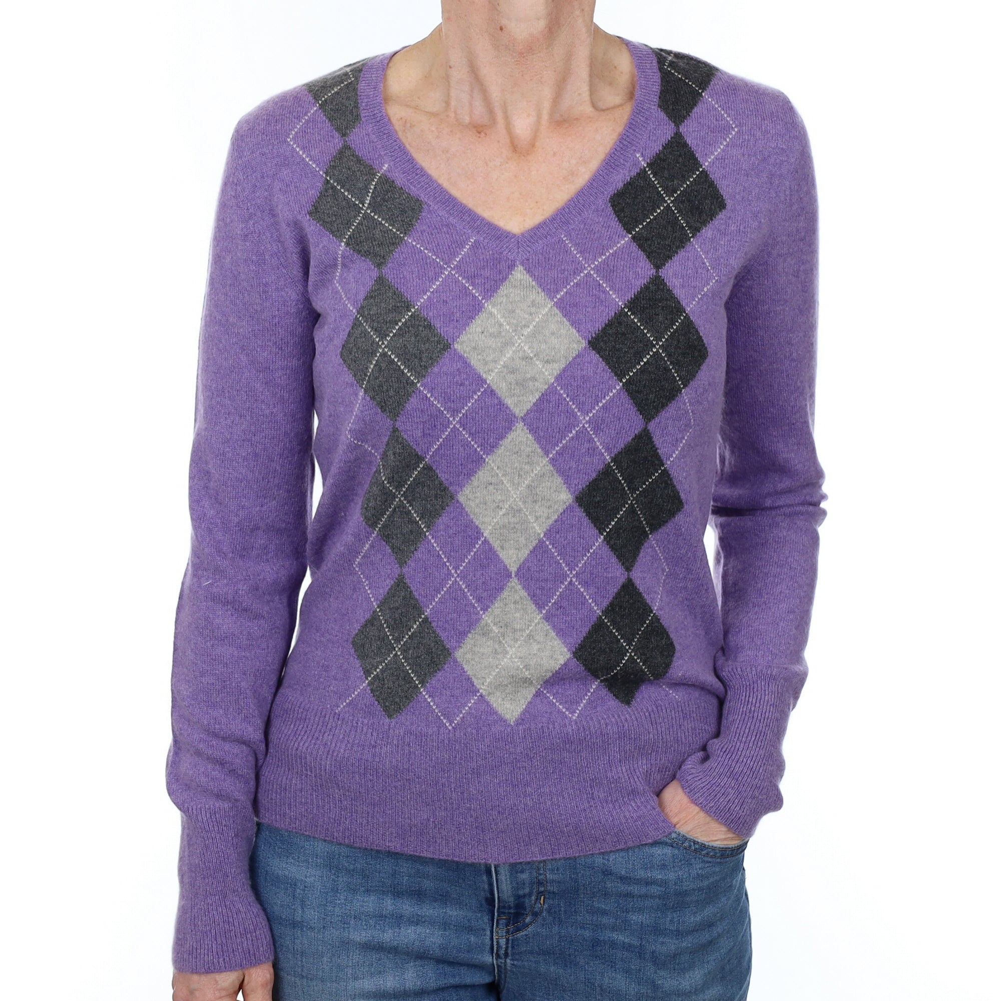 Amethyst Purple Argyle Cashmere V Neck Jumper Small