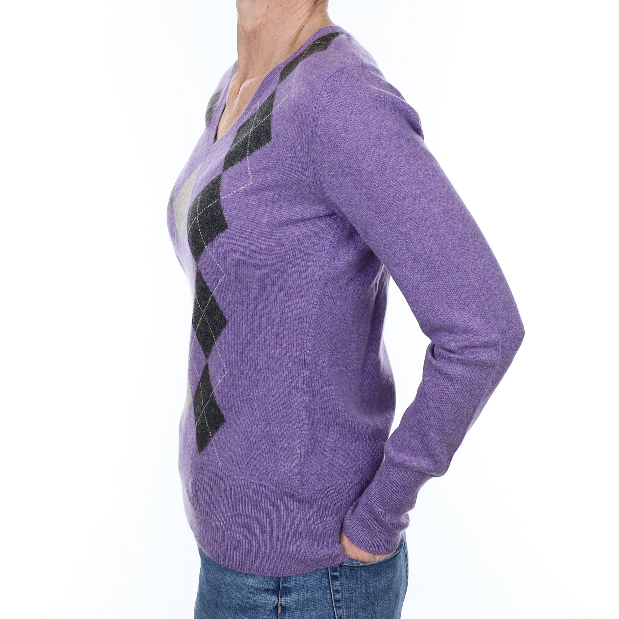 Amethyst Purple Argyle Cashmere V Neck Jumper Small