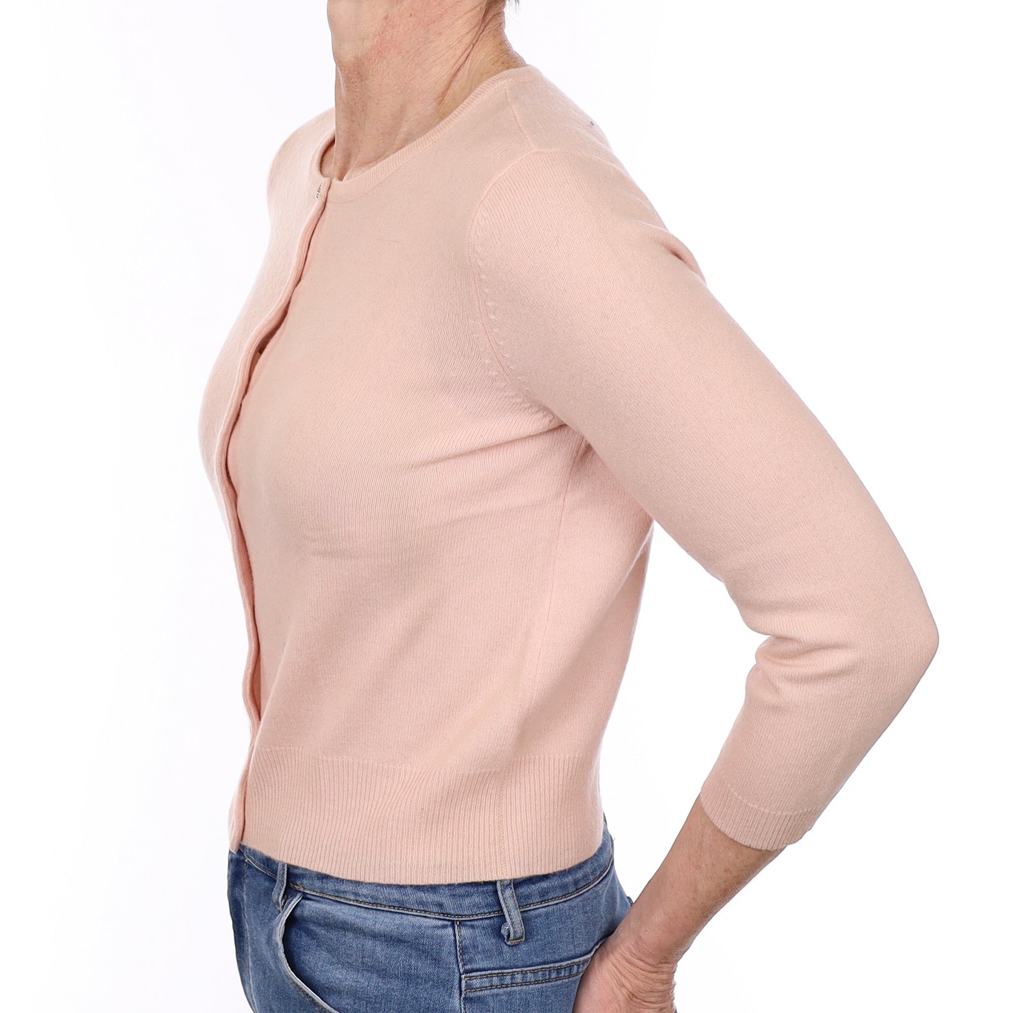 Shell Pink Cashmere 3/4 Sleeve Crew Neck Cardigan Small