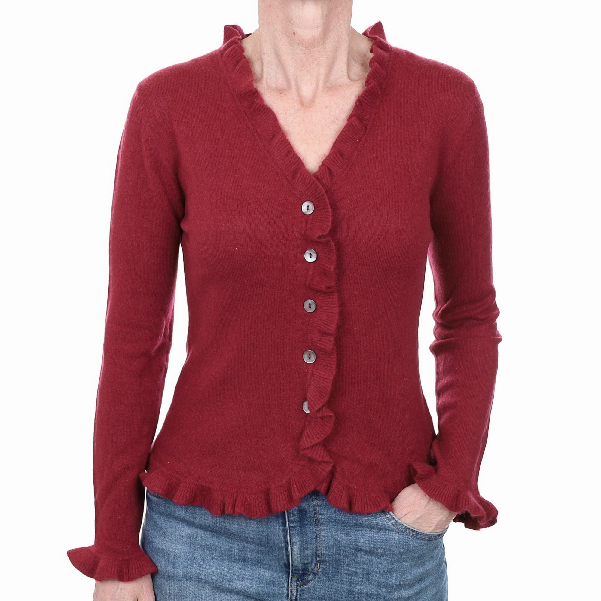 Maroon Red Cashmere Ruffle V Neck Cardigan Small