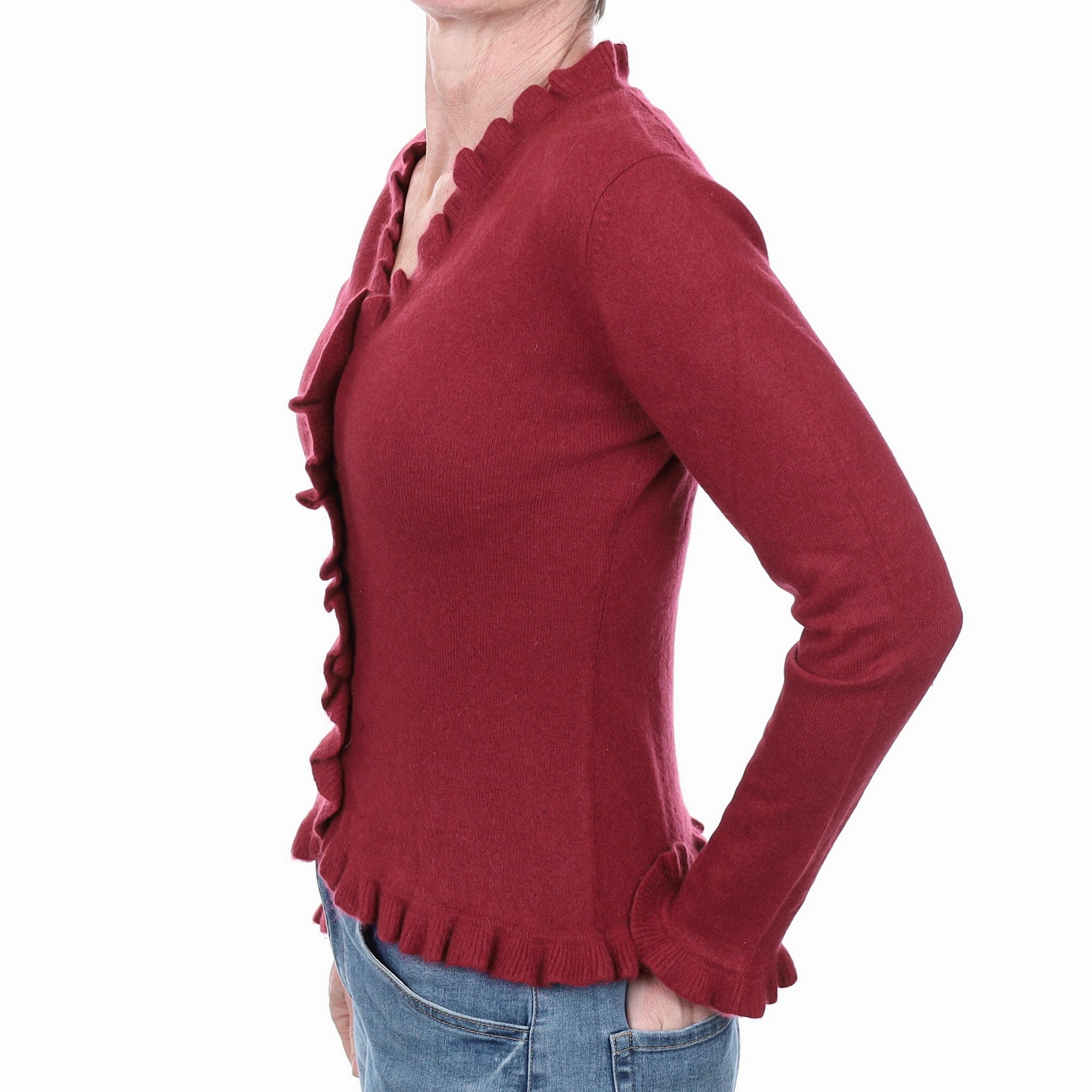 Maroon Red Cashmere Ruffle V Neck Cardigan Small