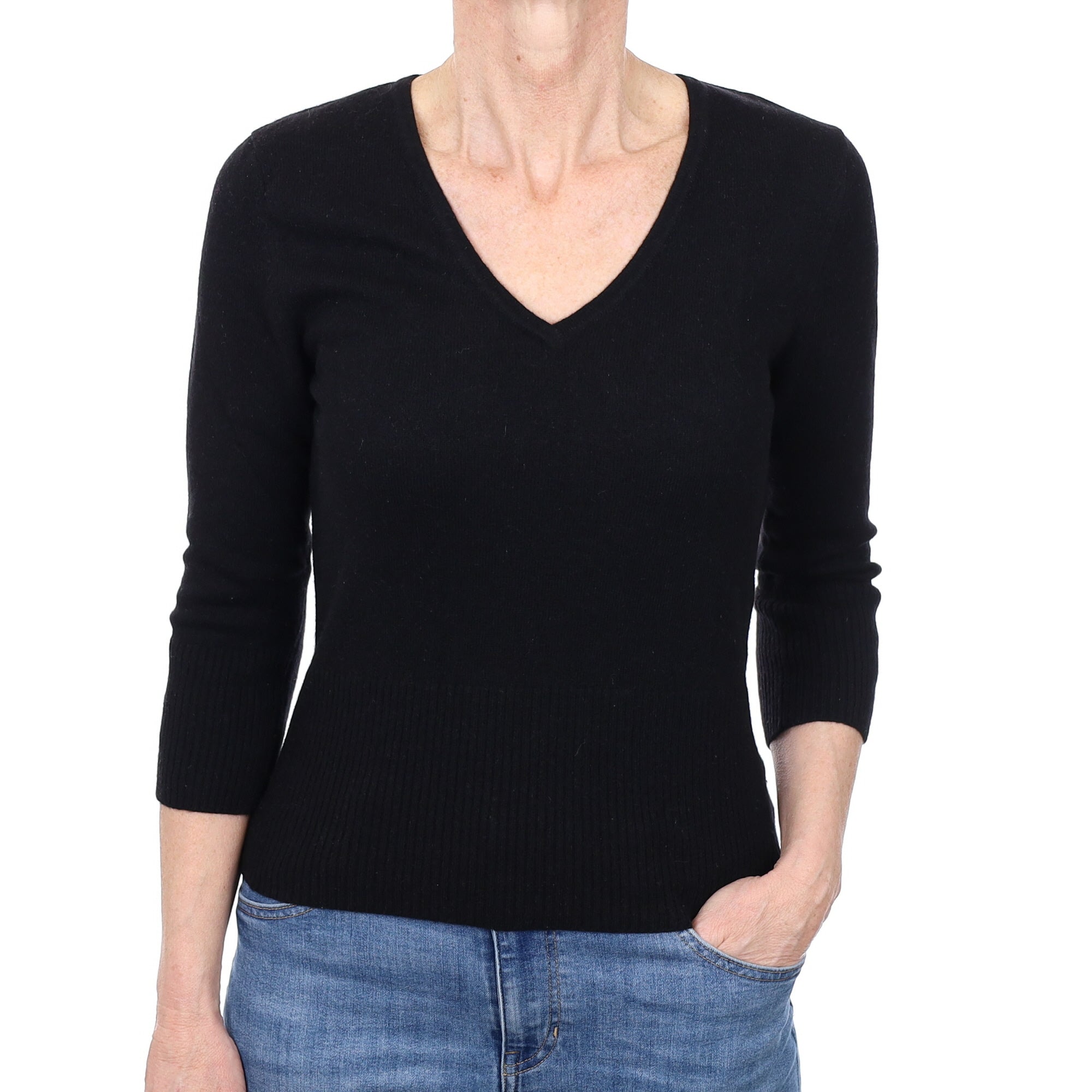 Black Cashmere 3/4 Sleeve V Neck Jumper Small