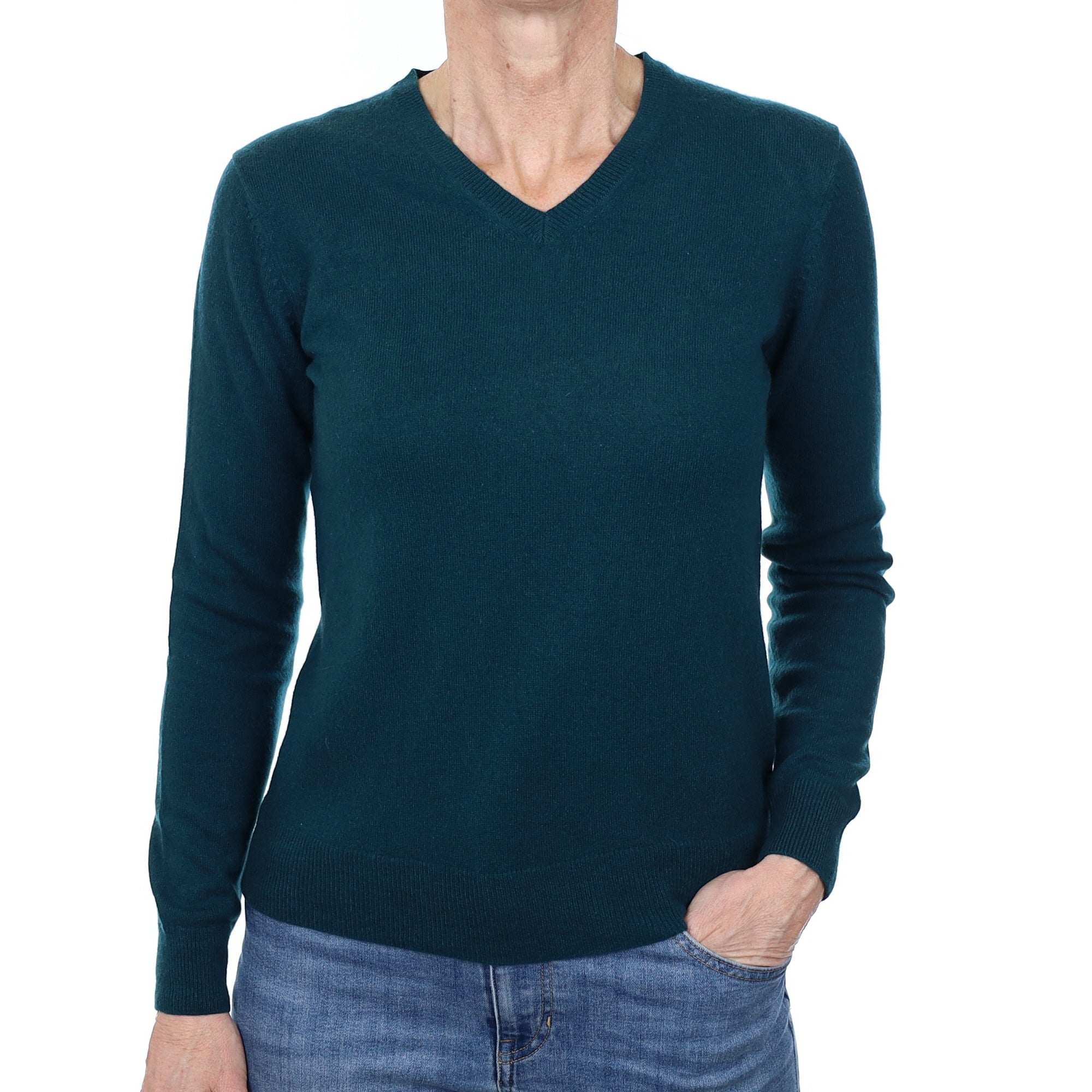 Forest Green Cashmere V Neck Jumper Small