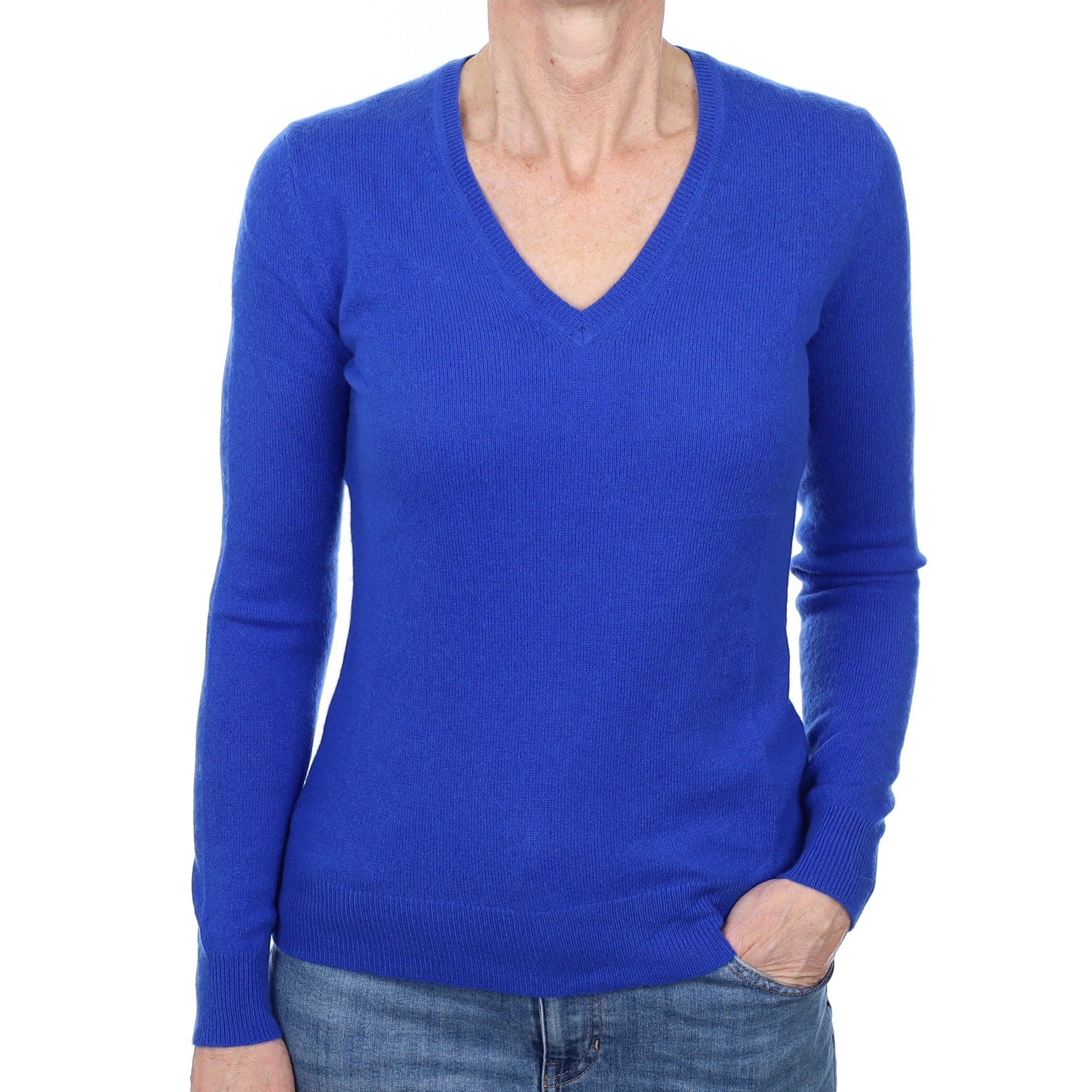 Cobalt Blue Cashmere V Neck Jumper Small
