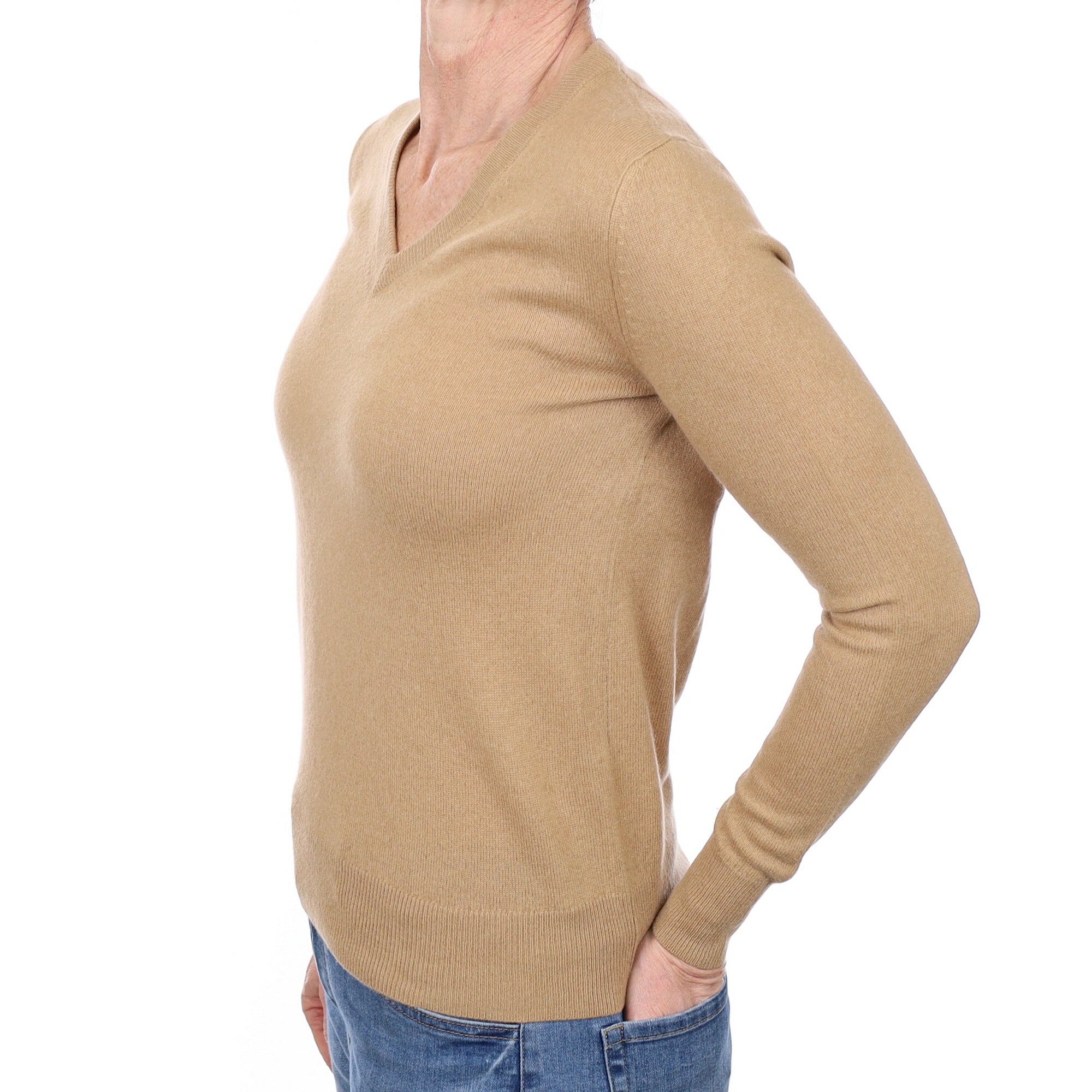 Camel Brown Cashmere V Neck Jumper Small