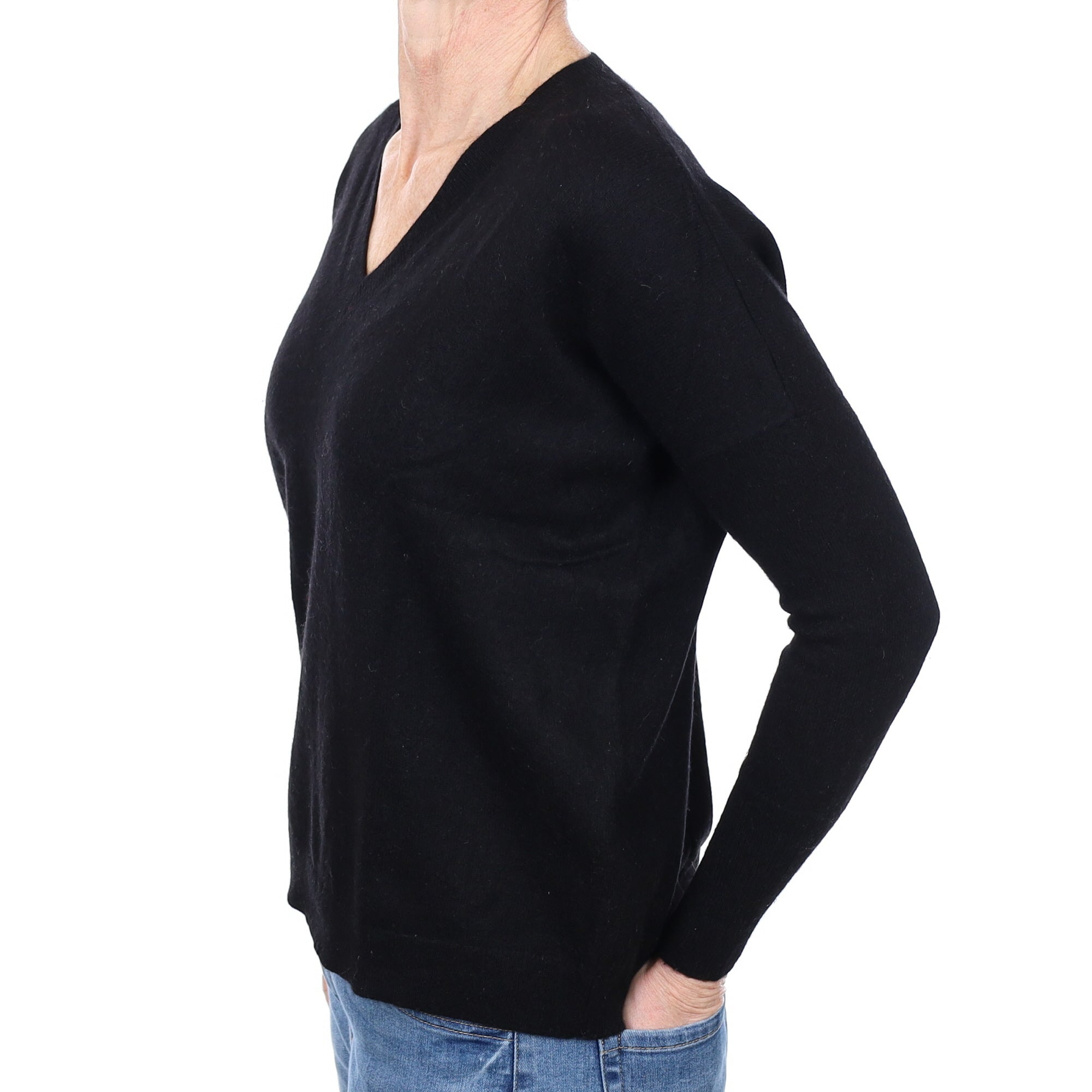 Black Cashmere Boxy V Neck Jumper Small