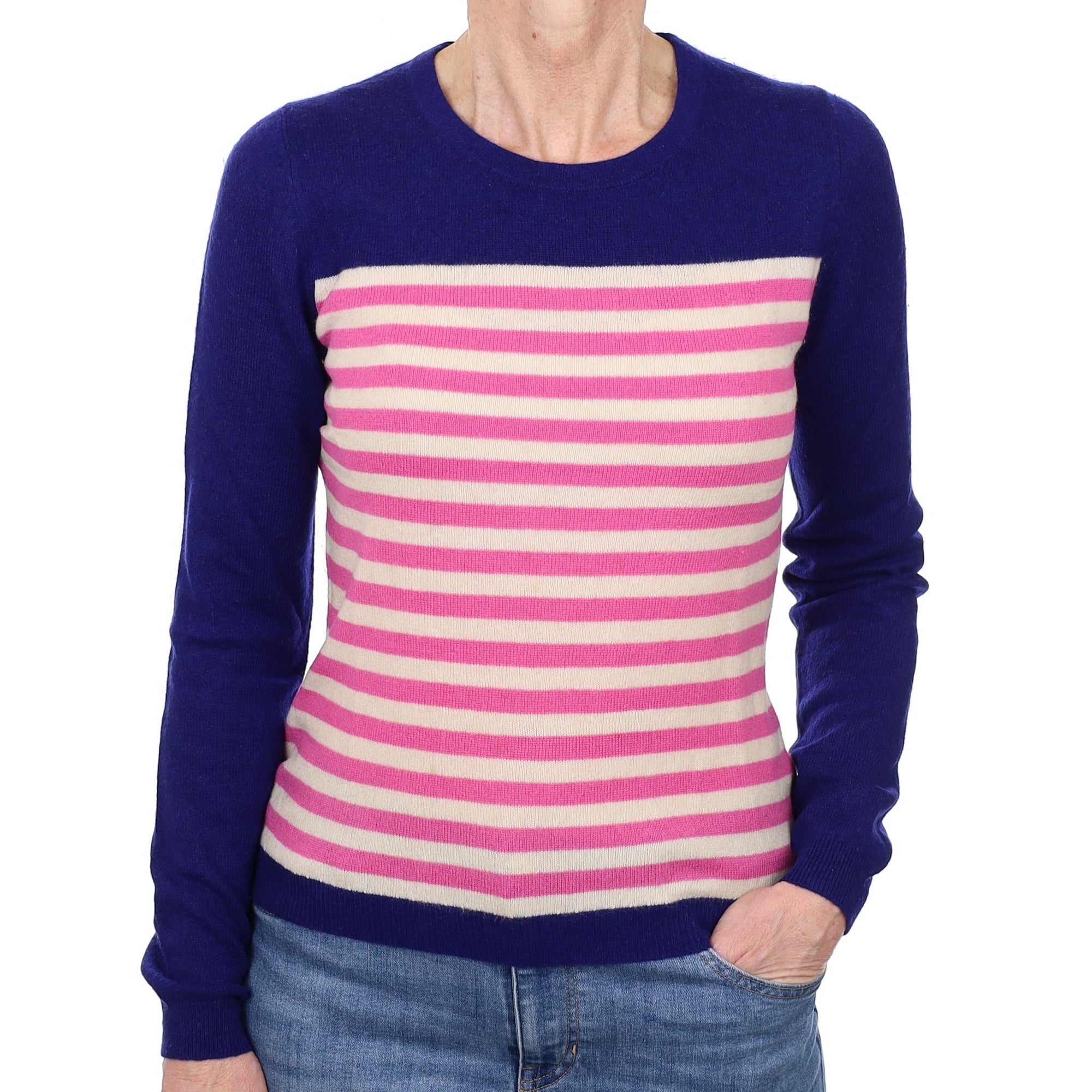 Blue and Pink Stripe Cashmere Crew Neck Jumper Small