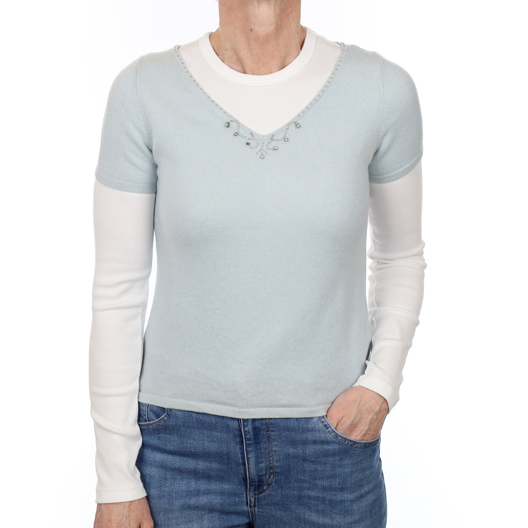 Sky Blue Beaded Cashmere Short Sleeved V Neck Jumper Small