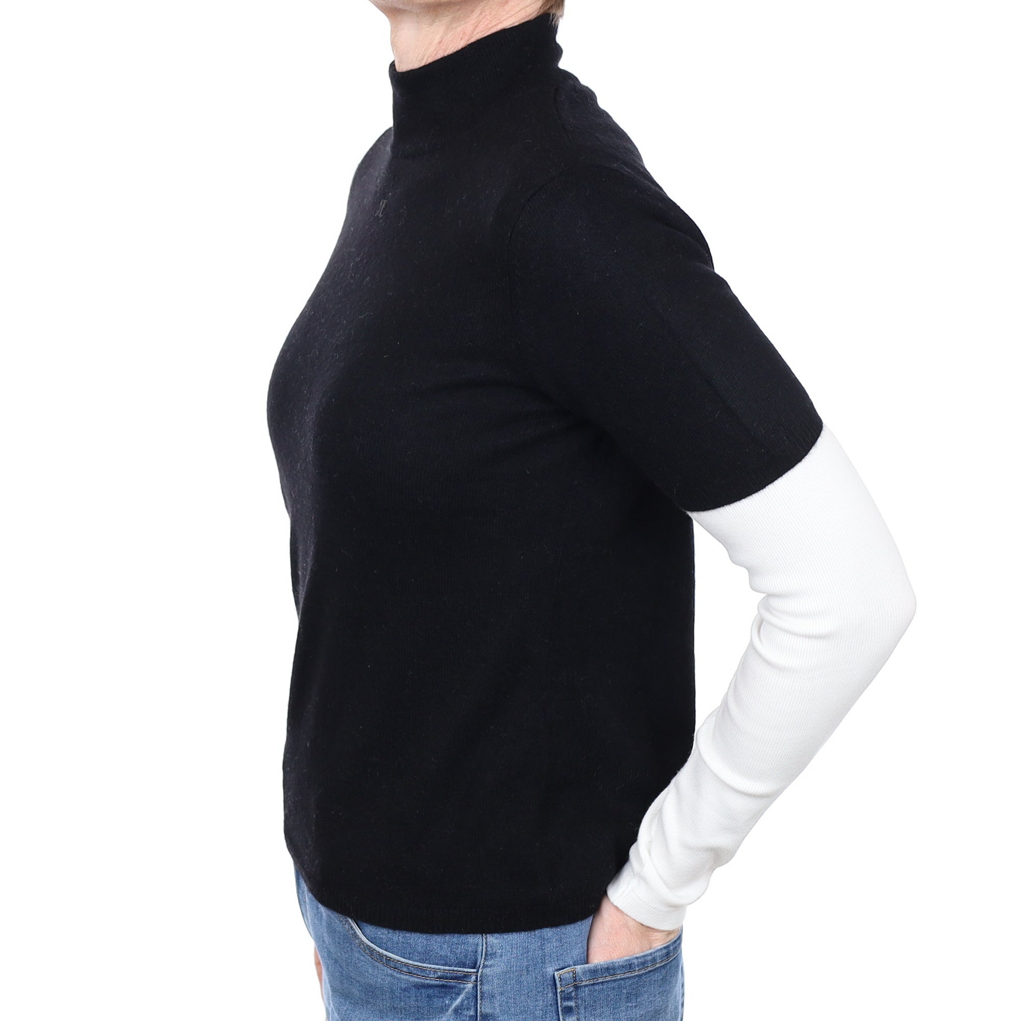 Black Cashmere Short Sleeved Polo Neck Jumper Small