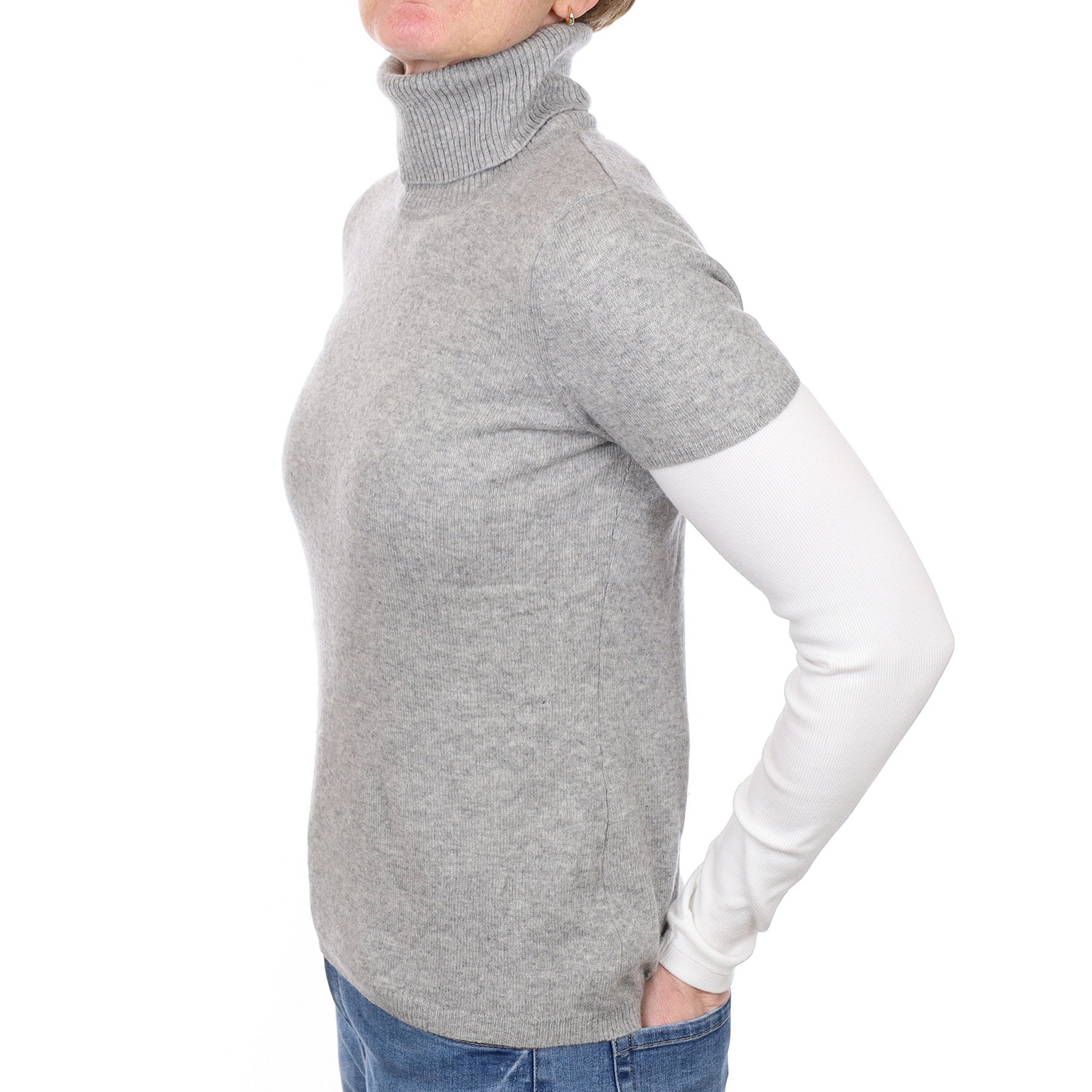 Ash Grey Cashmere Short Sleeved Polo Neck Jumper Small