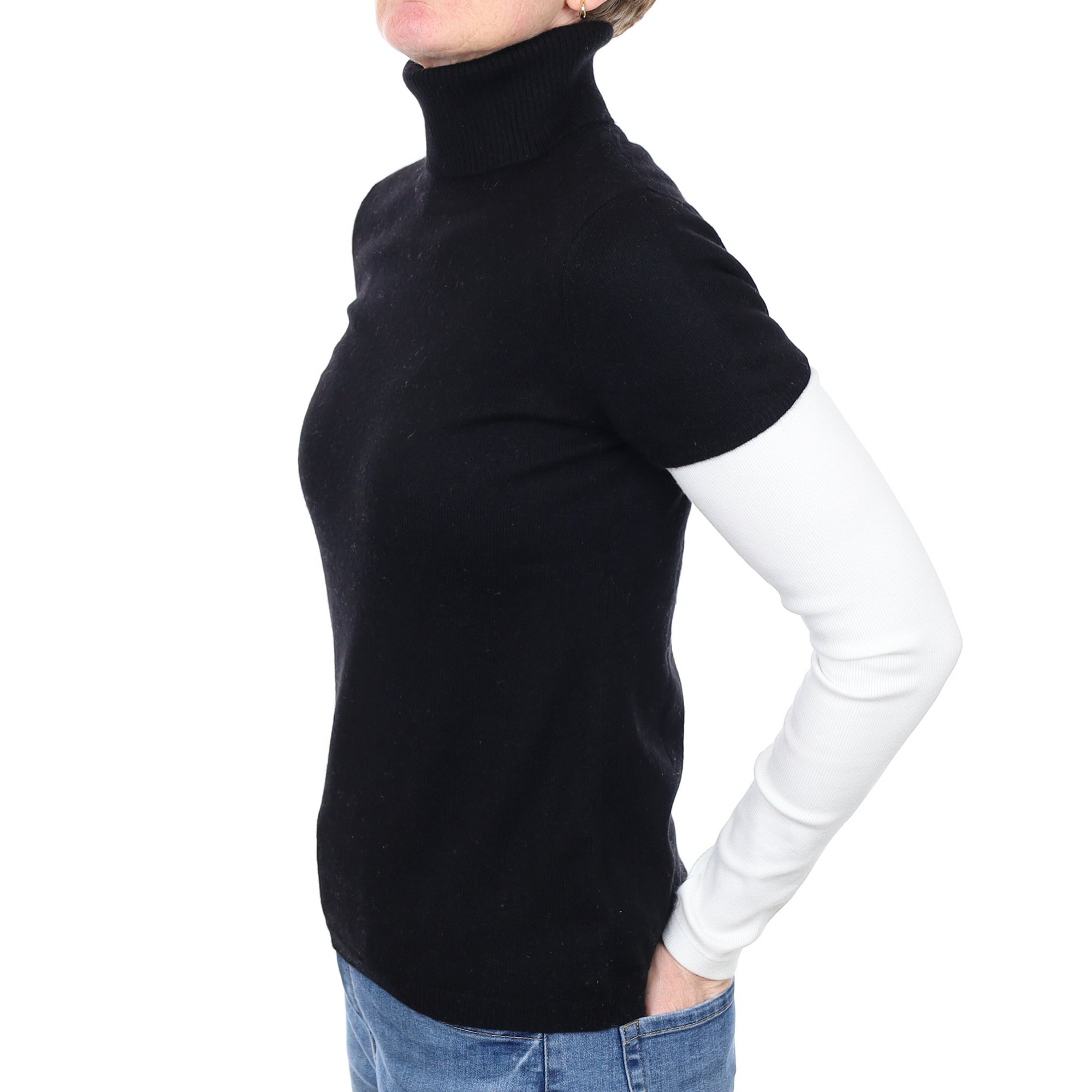Black Cashmere Short Sleeved Polo Neck Jumper Small