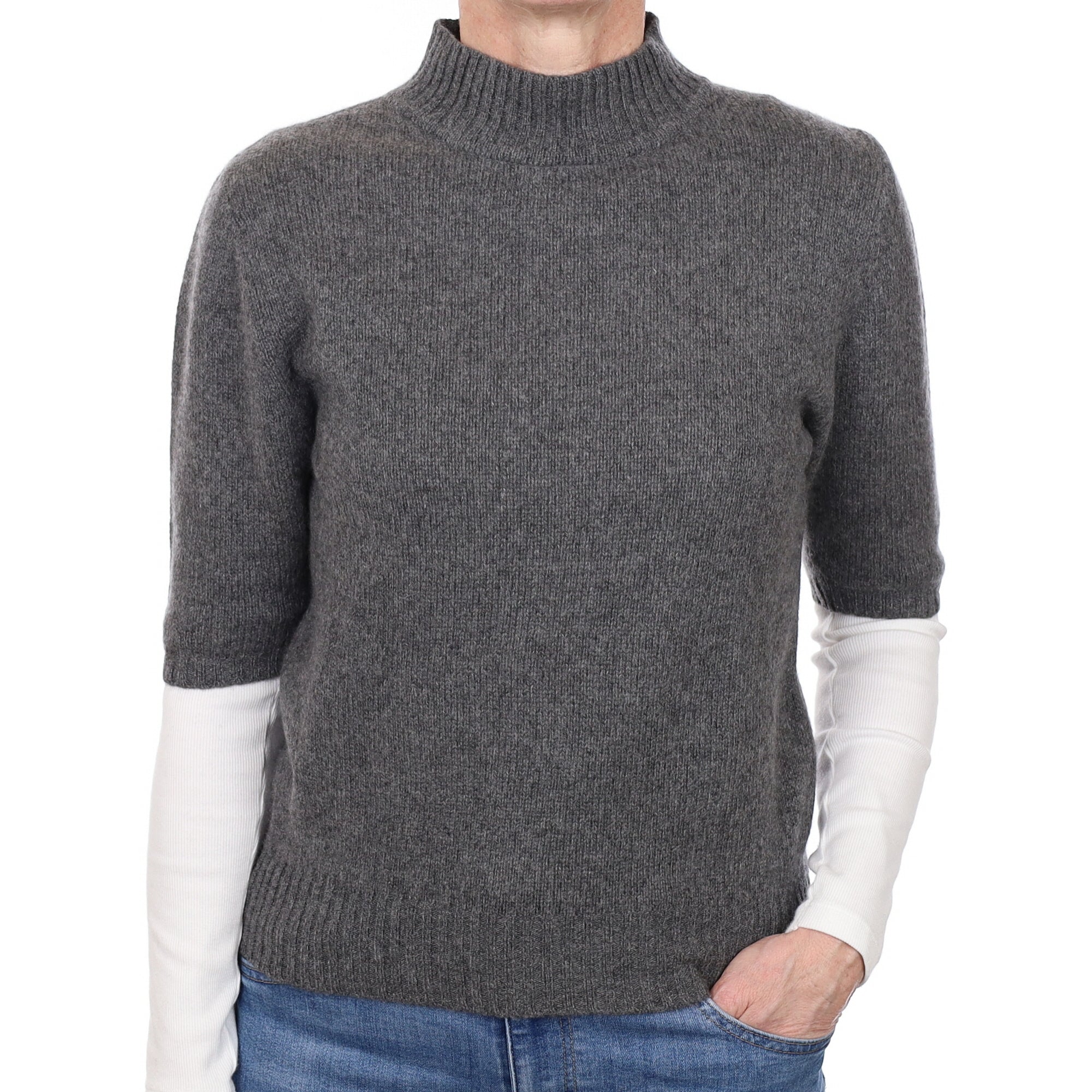 Slate Grey Cashmere Short Sleeved Polo Neck Jumper Small