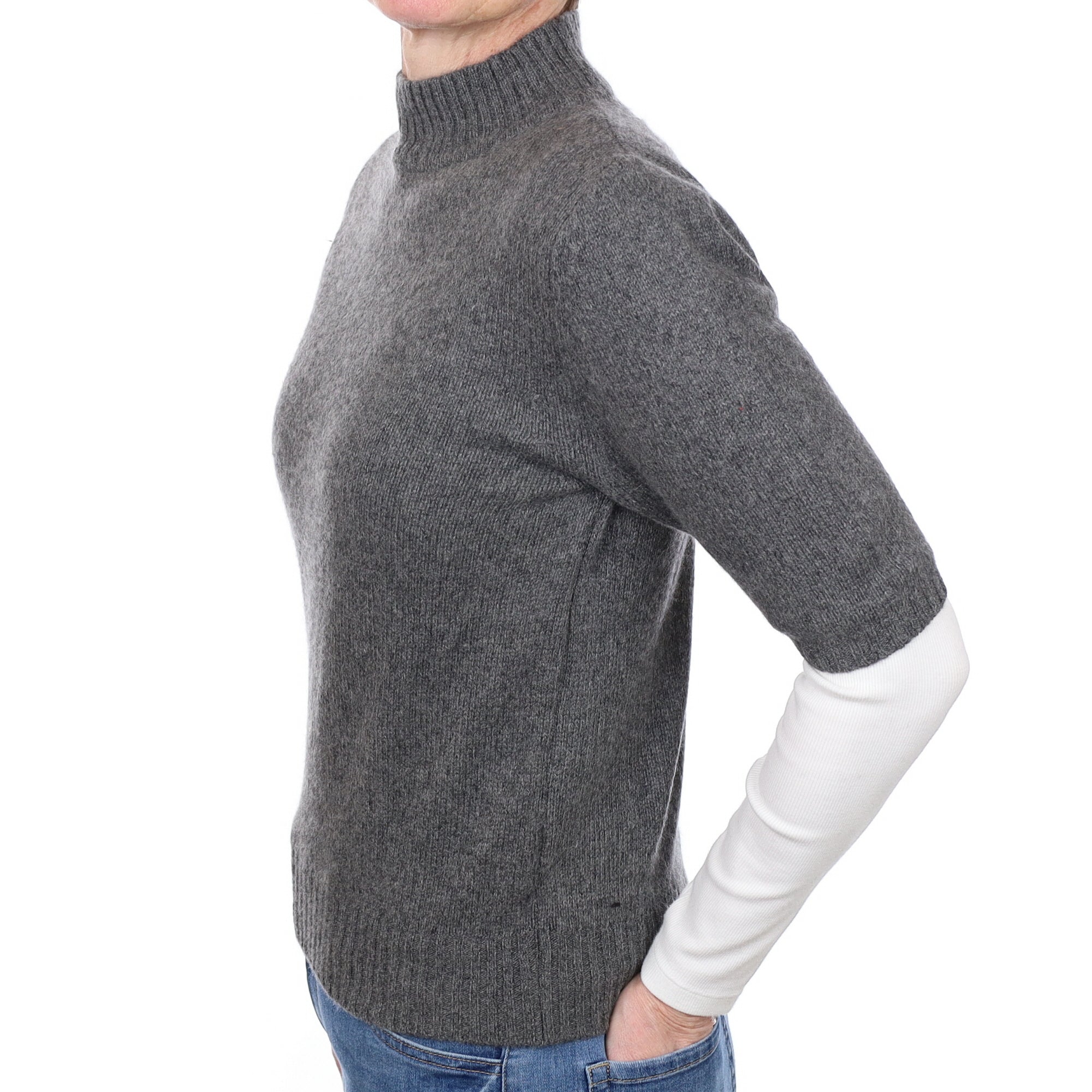 Slate Grey Cashmere Short Sleeved Polo Neck Jumper Small
