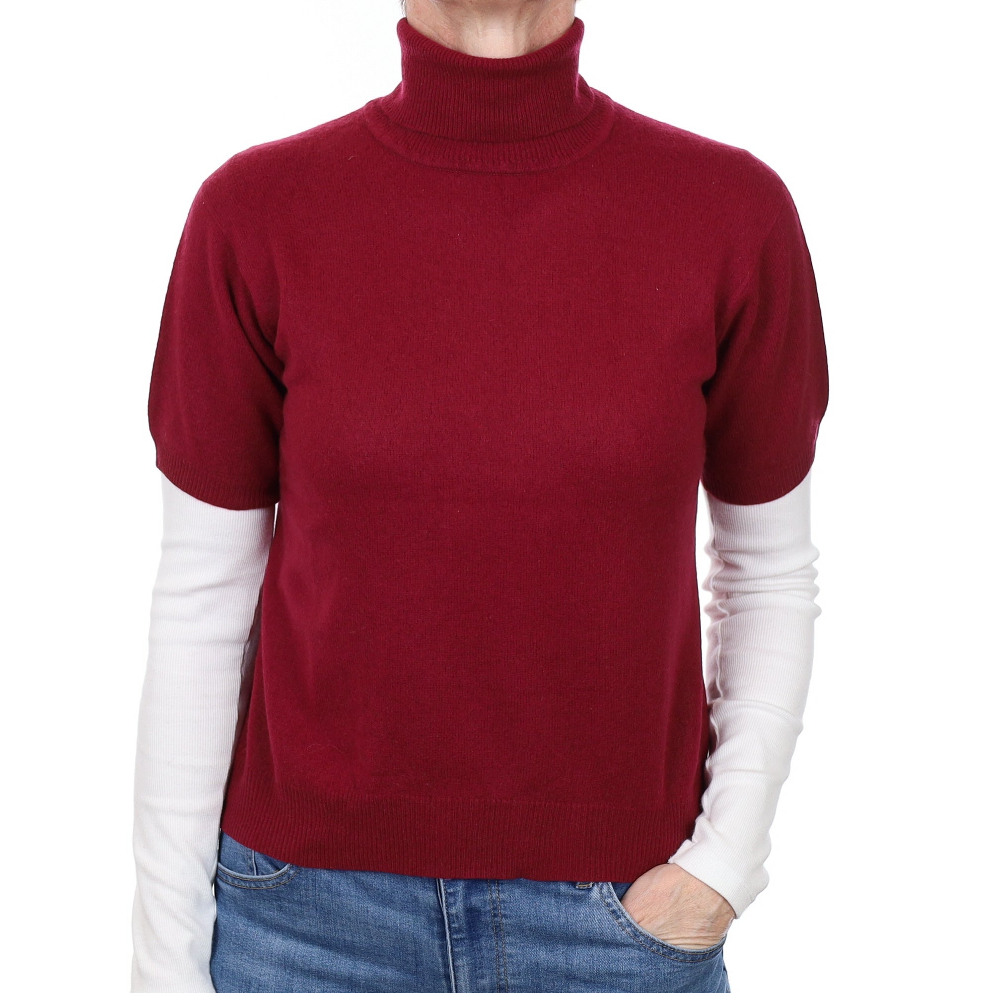 Burgundy Red Cashmere Short Sleeved Polo Neck Jumper Small