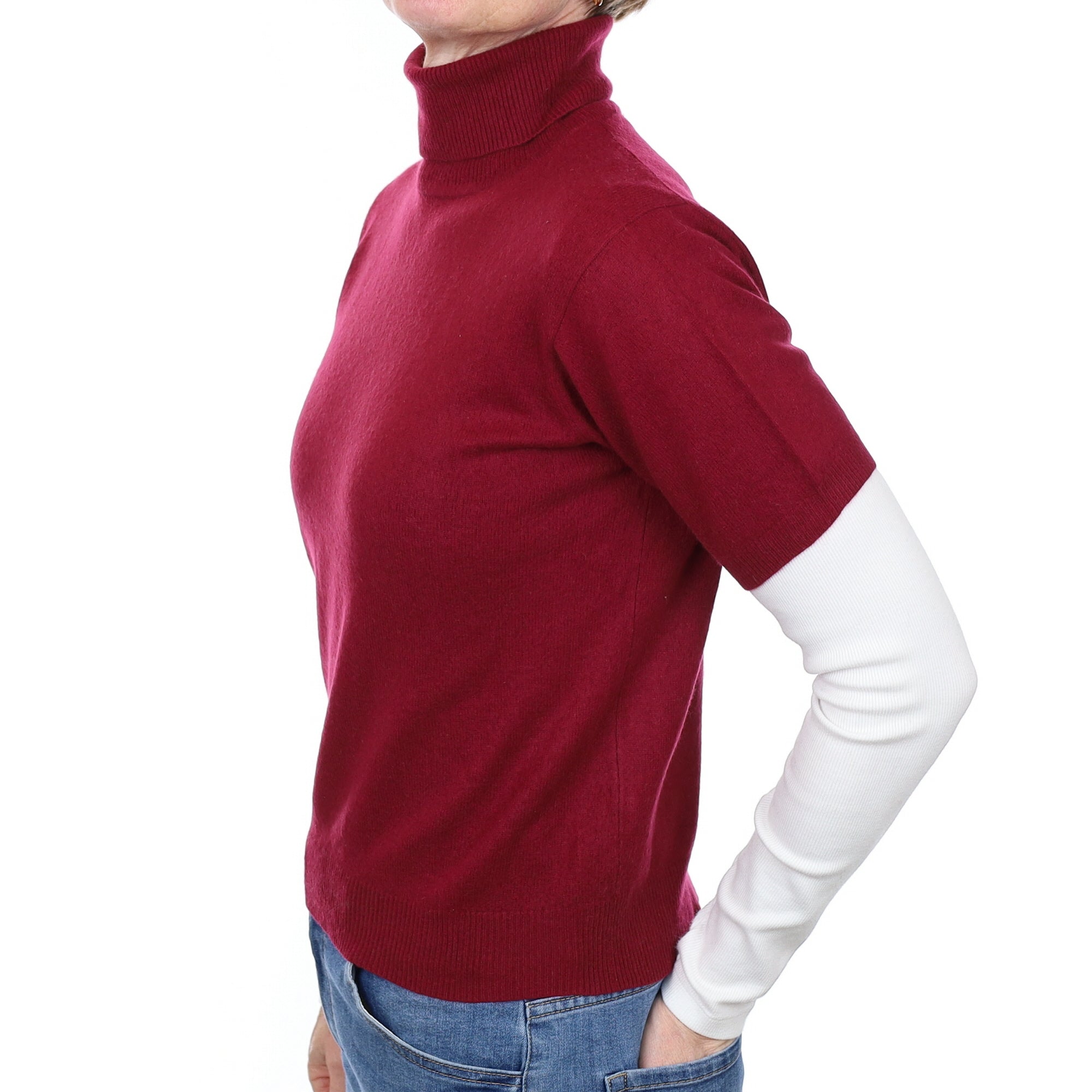Burgundy Red Cashmere Short Sleeved Polo Neck Jumper Small