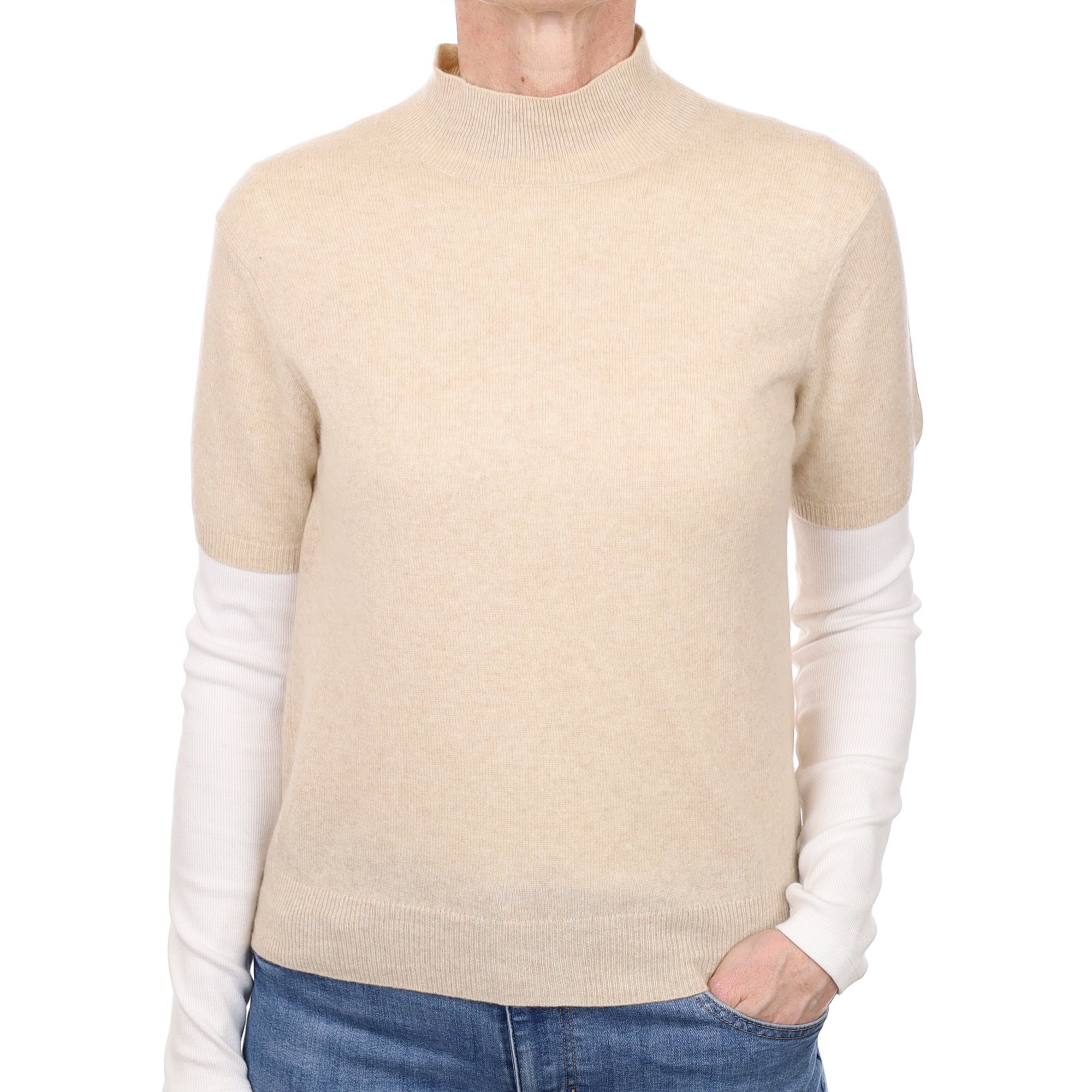 Oatmeal Cashmere Short Sleeved Turtle Neck Jumper Small