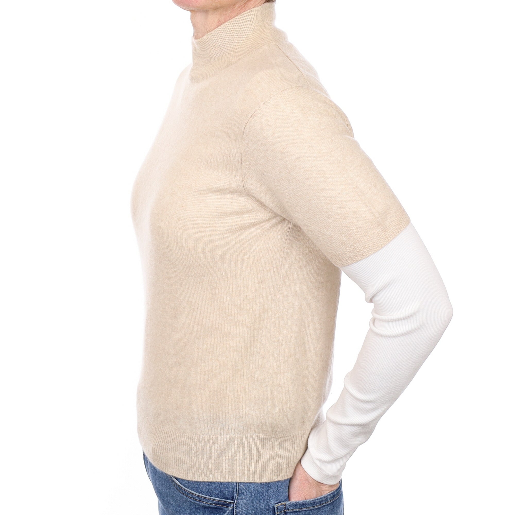 Oatmeal Cashmere Short Sleeved Turtle Neck Jumper Small