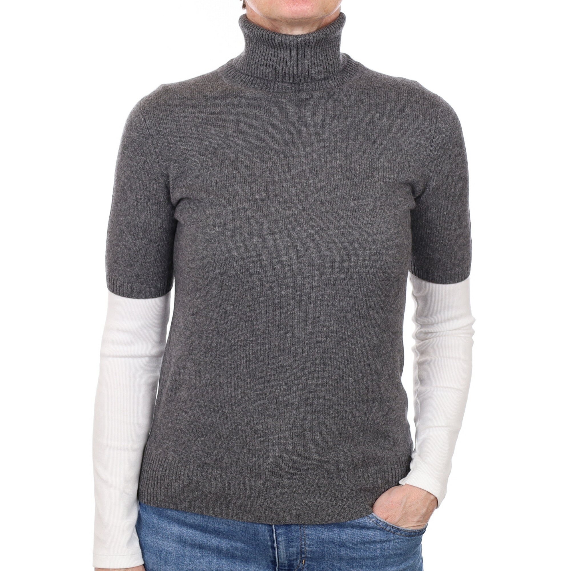 Slate Grey Cashmere Short Sleeve Turtle Neck Jumper Small