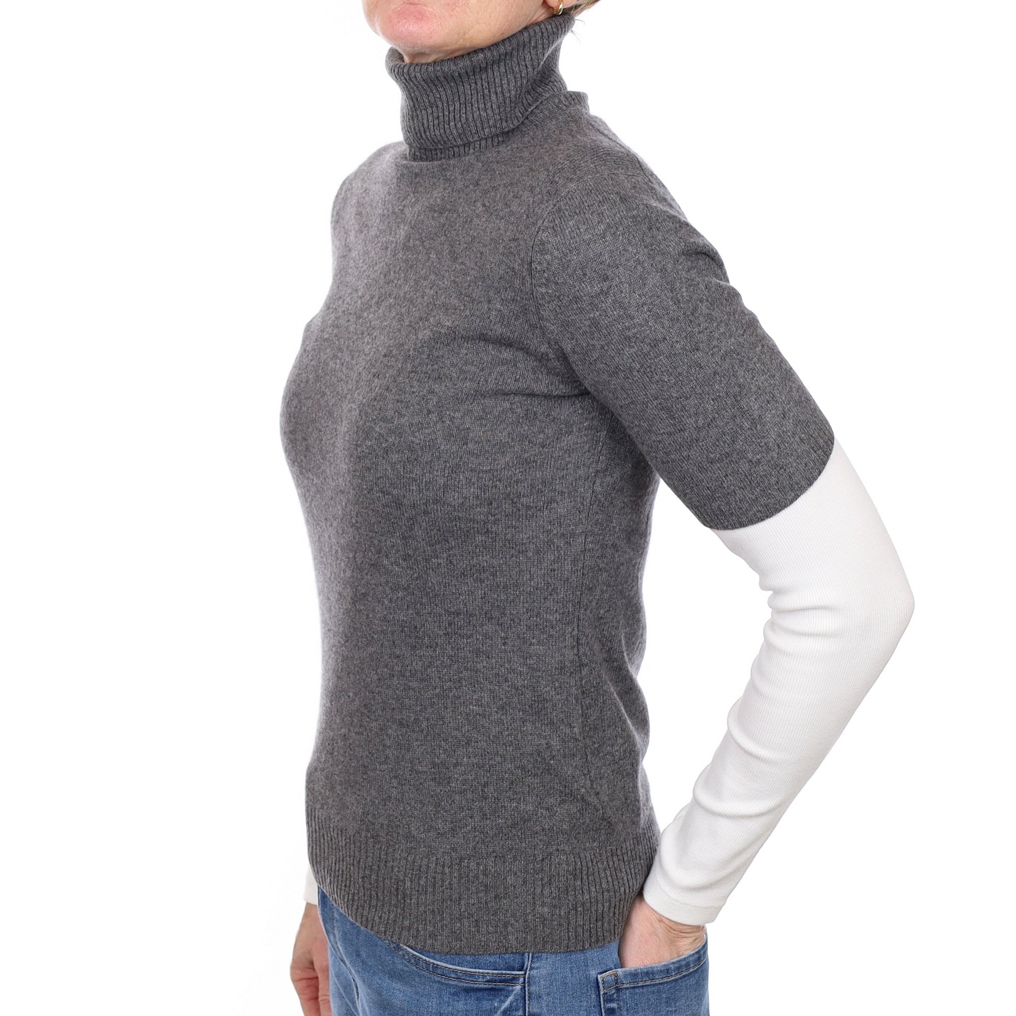 Slate Grey Cashmere Short Sleeve Turtle Neck Jumper Small
