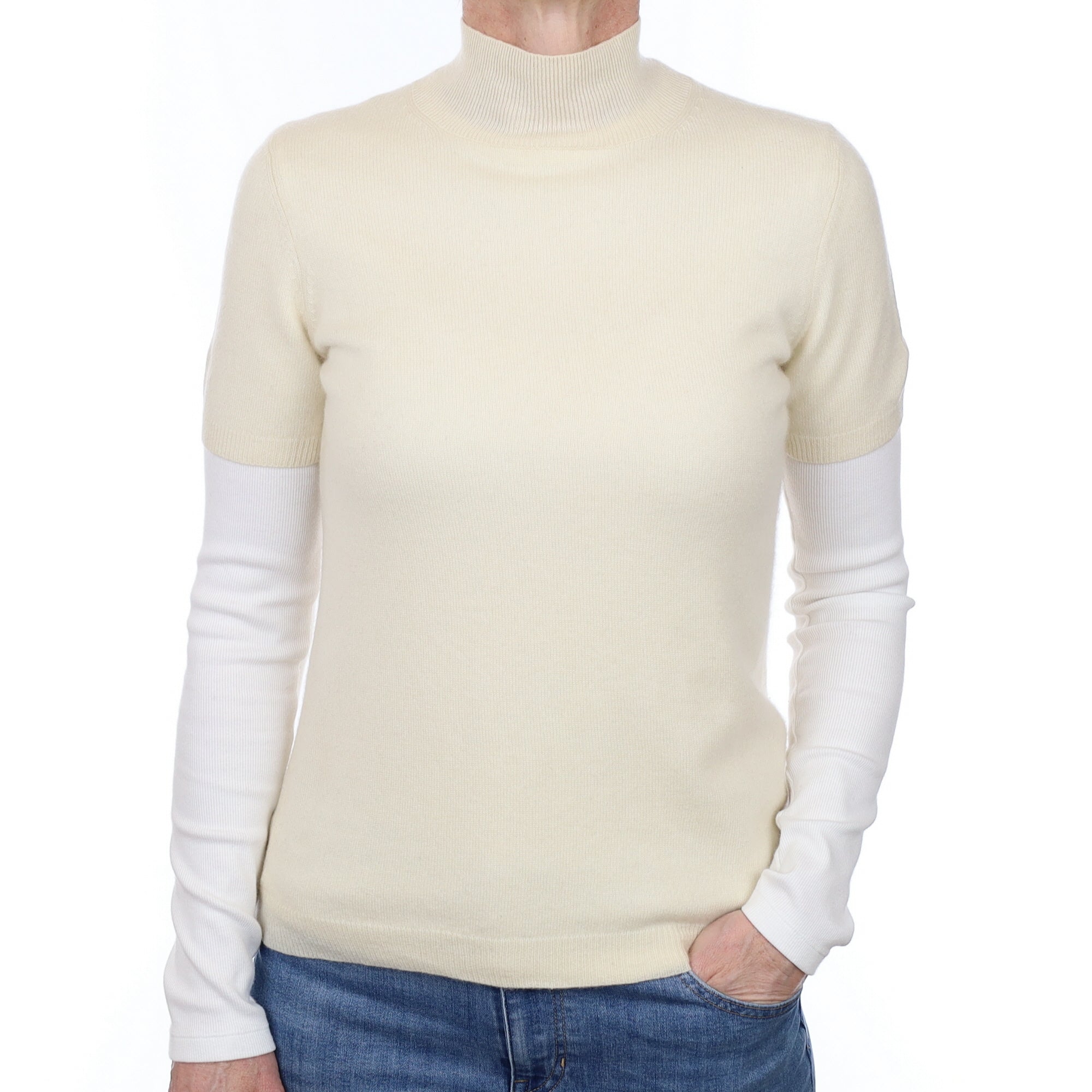 Vanilla Cream Cashmere Short Sleeve Turtle Neck Jumper Small