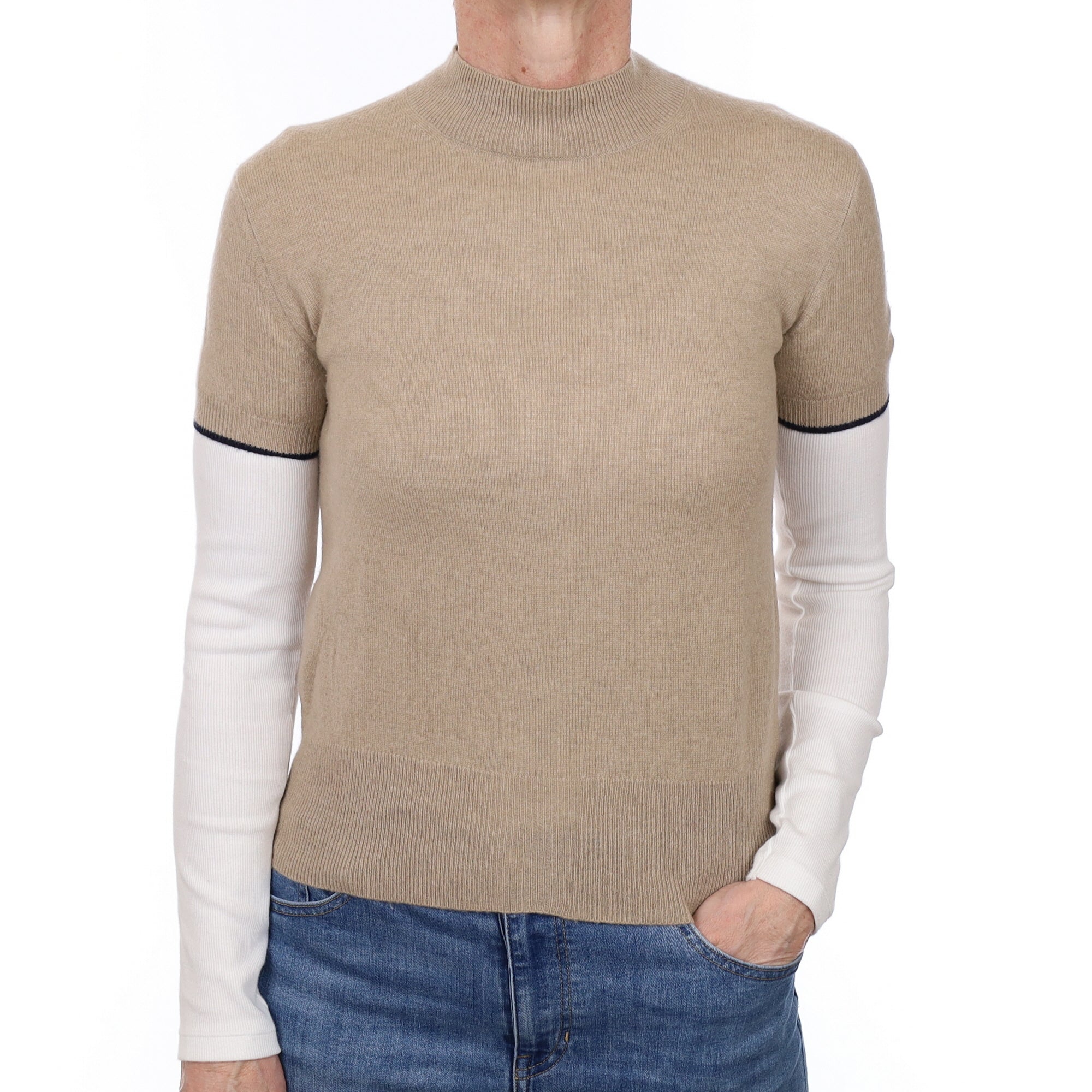 Fawn Navy Trim Cashmere Short Sleeve Turtle Neck Jumper Small