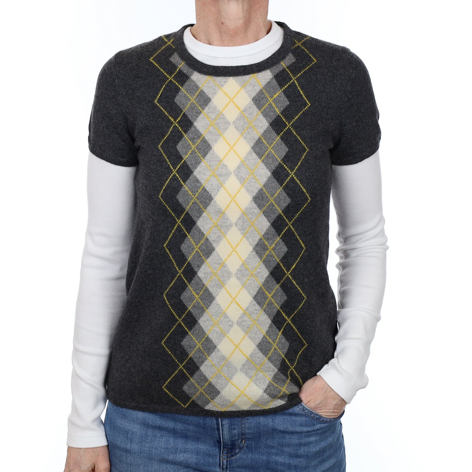 Charcoal and Mustard Argyle Cashmere Short Sleeve Crew Neck Jumper Small