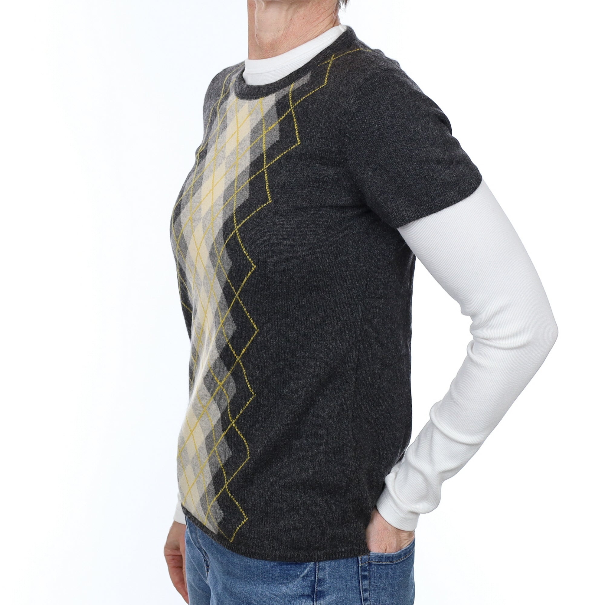 Charcoal and Mustard Argyle Cashmere Short Sleeve Crew Neck Jumper Small