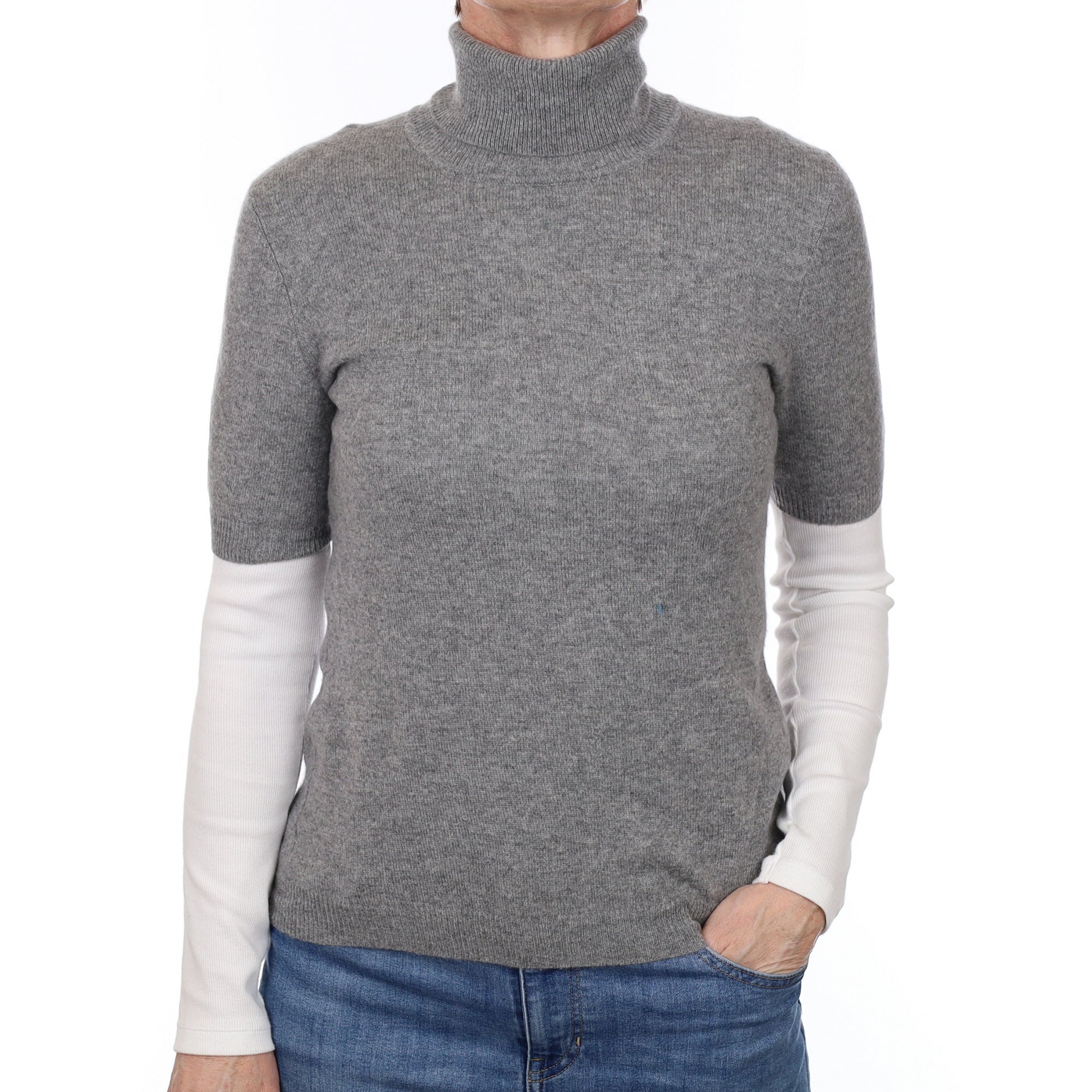 Smoke Grey Cashmere Short Sleeved Polo Neck Jumper Small