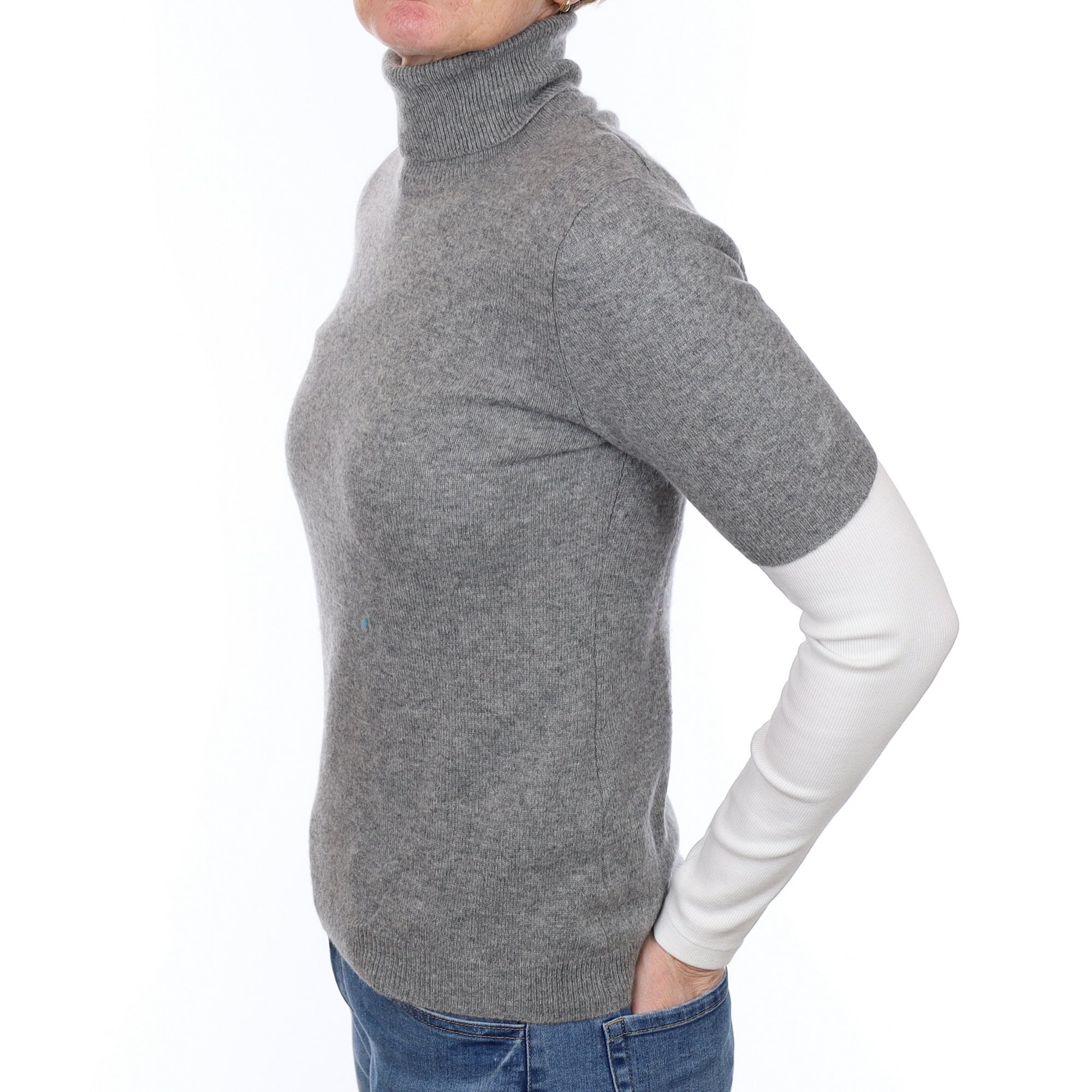 Smoke Grey Cashmere Short Sleeved Polo Neck Jumper Small